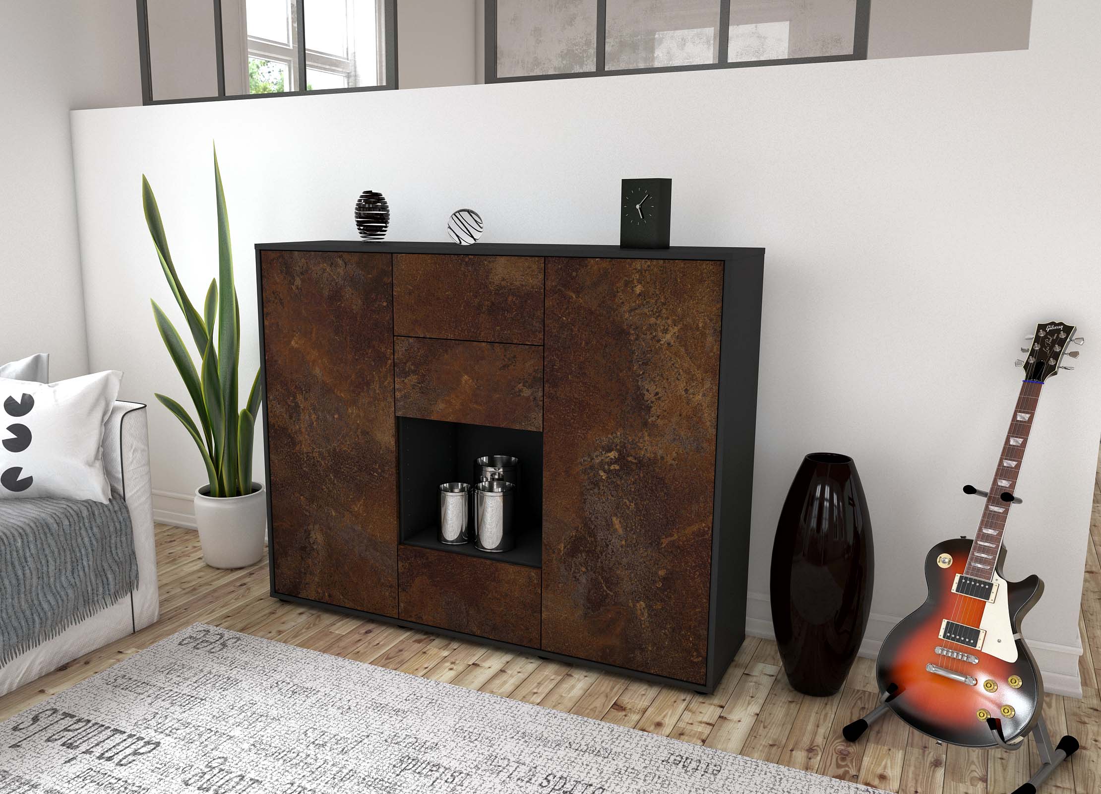 Highboard - Nora - Design Industrie Stil - Freistehend mit Push to Open 136 cm Anthrazit