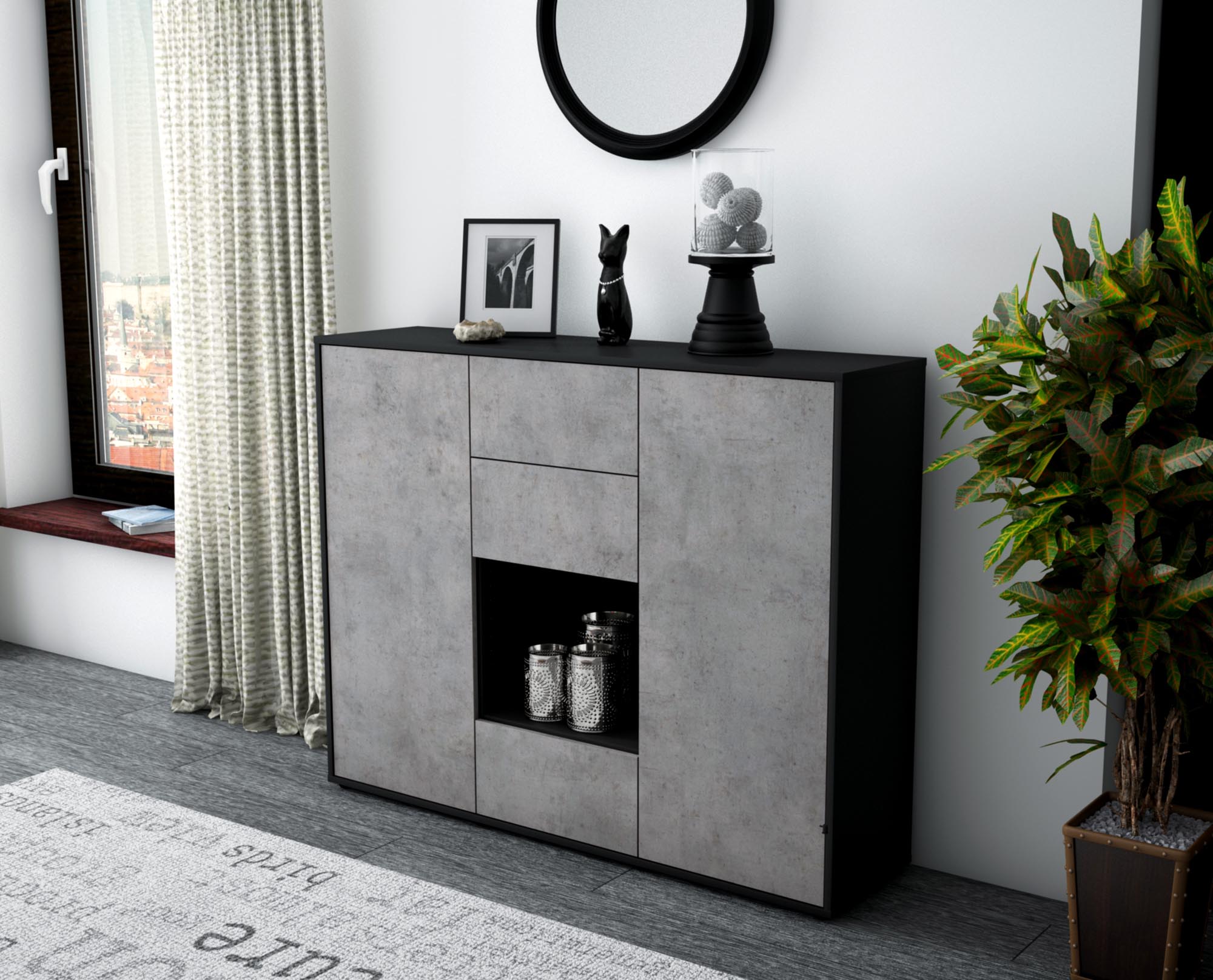 Highboard - Nora - Design Industrie Stil - Freistehend mit Push to Open 136 cm Anthrazit