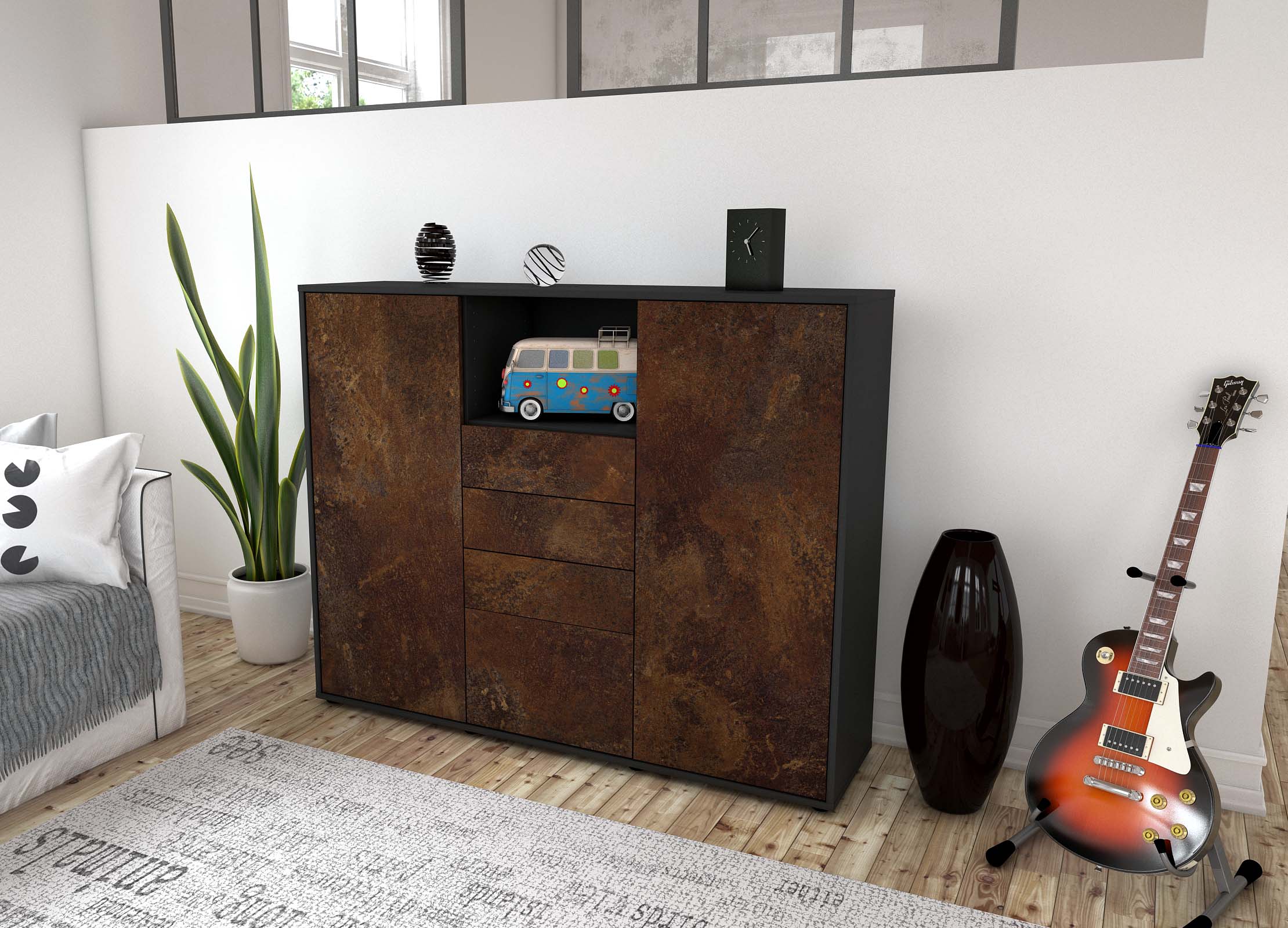 Highboard - Rebecca - Design Industrie Stil - Freistehend mit Push to Open 136 cm Anthrazit