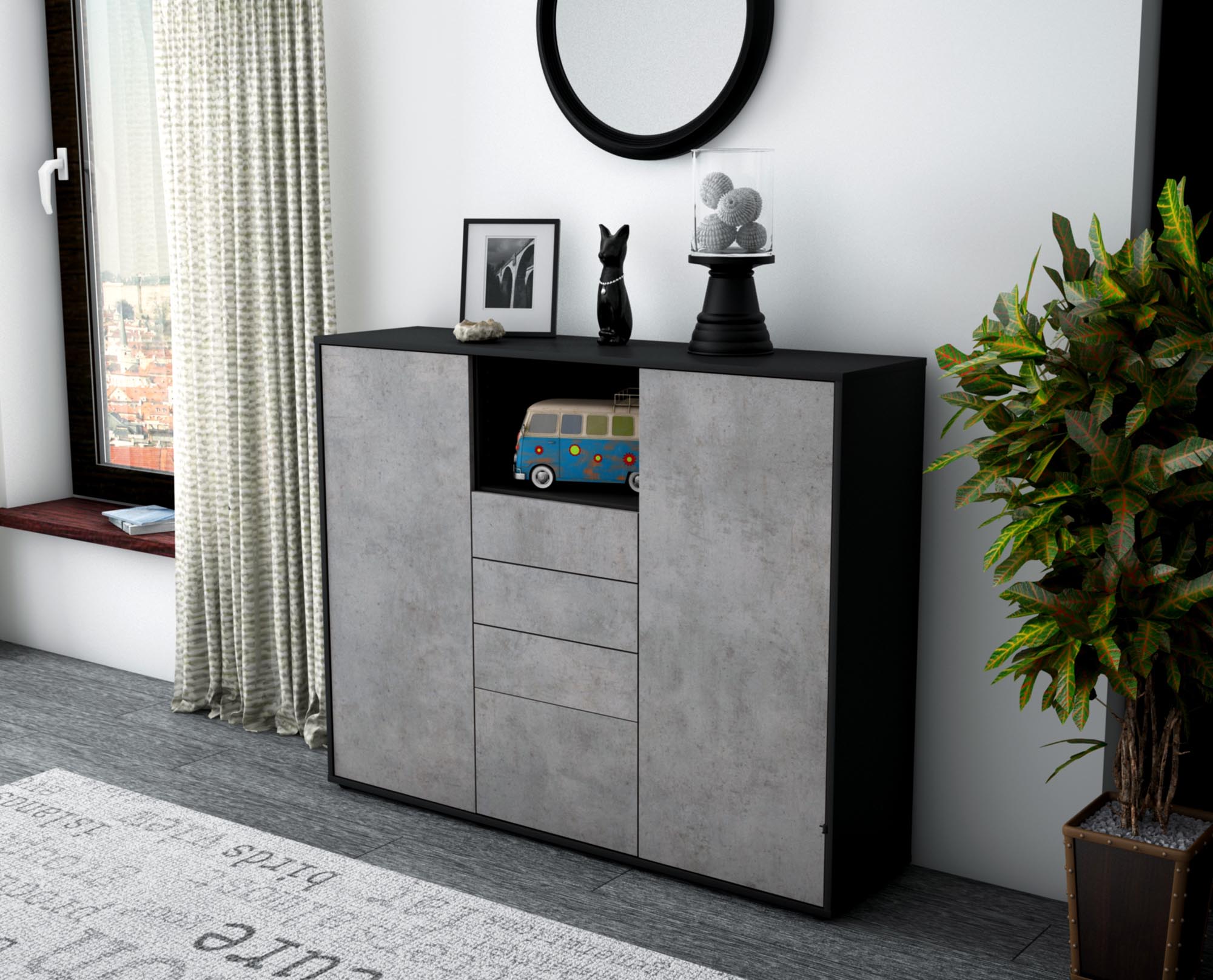 Highboard - Rebecca - Design Industrie Stil - Freistehend mit Push to Open 136 cm Anthrazit