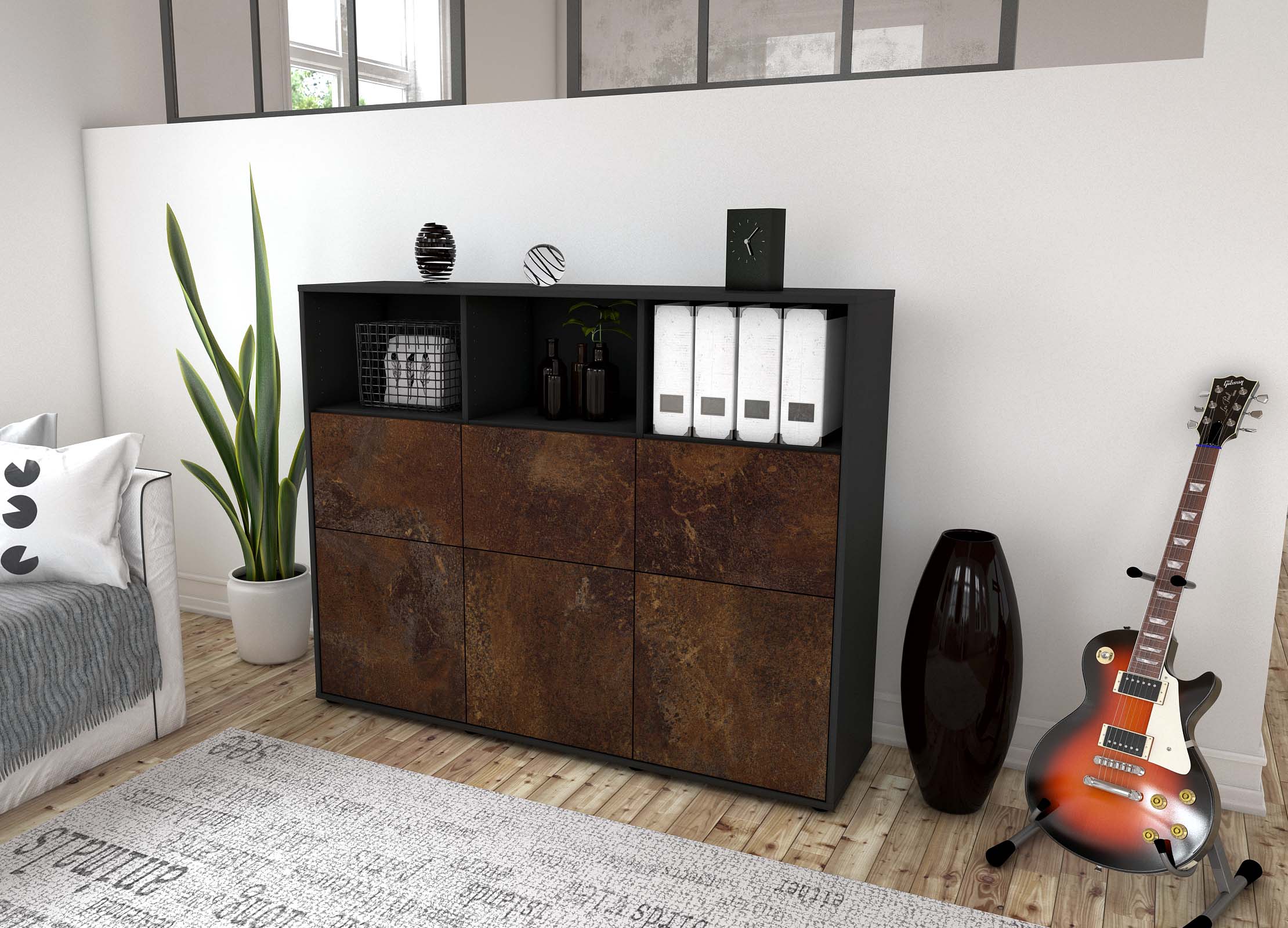 Highboard - Sina - Design Industrie Stil - Freistehend mit Push to Open 136 cm Anthrazit