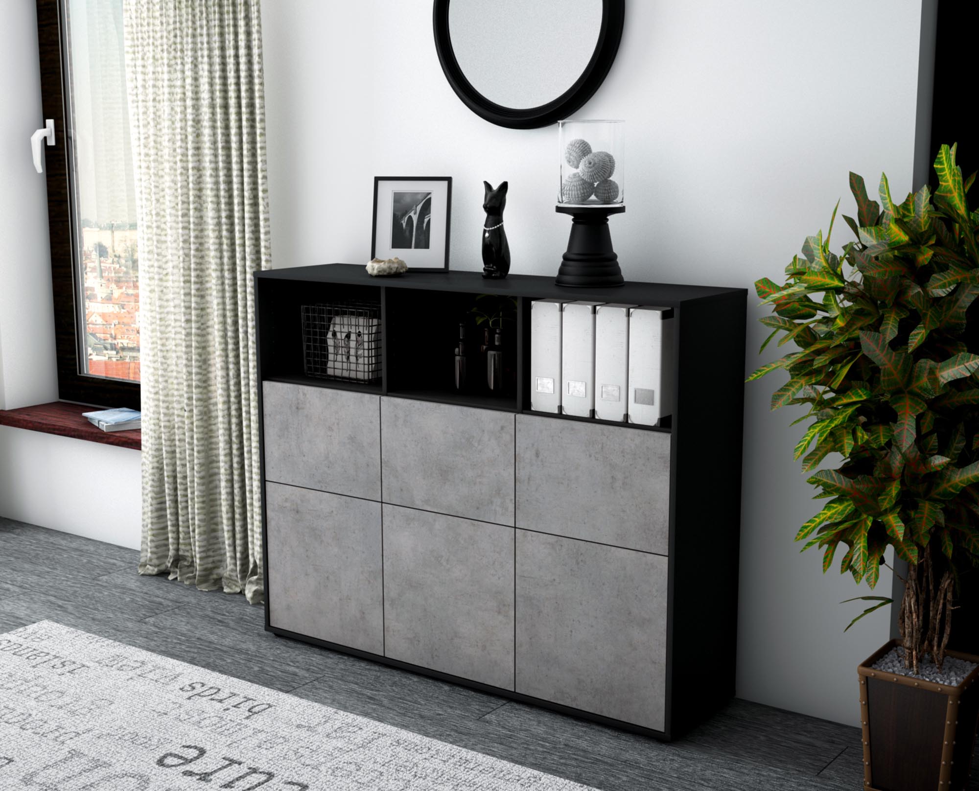 Highboard - Sina - Design Industrie Stil - Freistehend mit Push to Open 136 cm Anthrazit