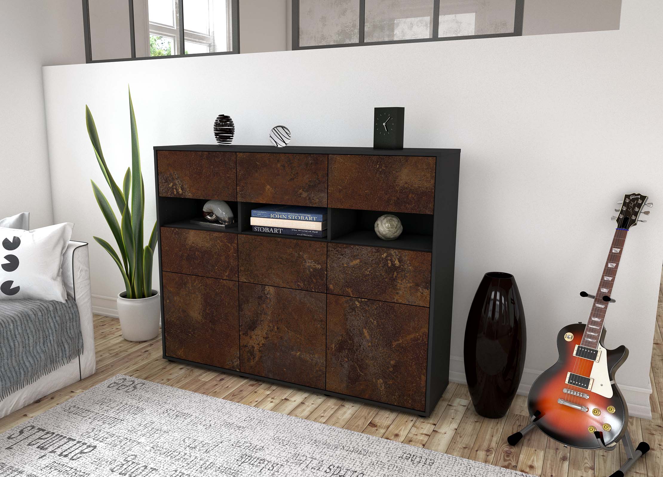 Highboard - Teresa - Design Industrie Stil - Freistehend mit Push to Open 136 cm Anthrazit