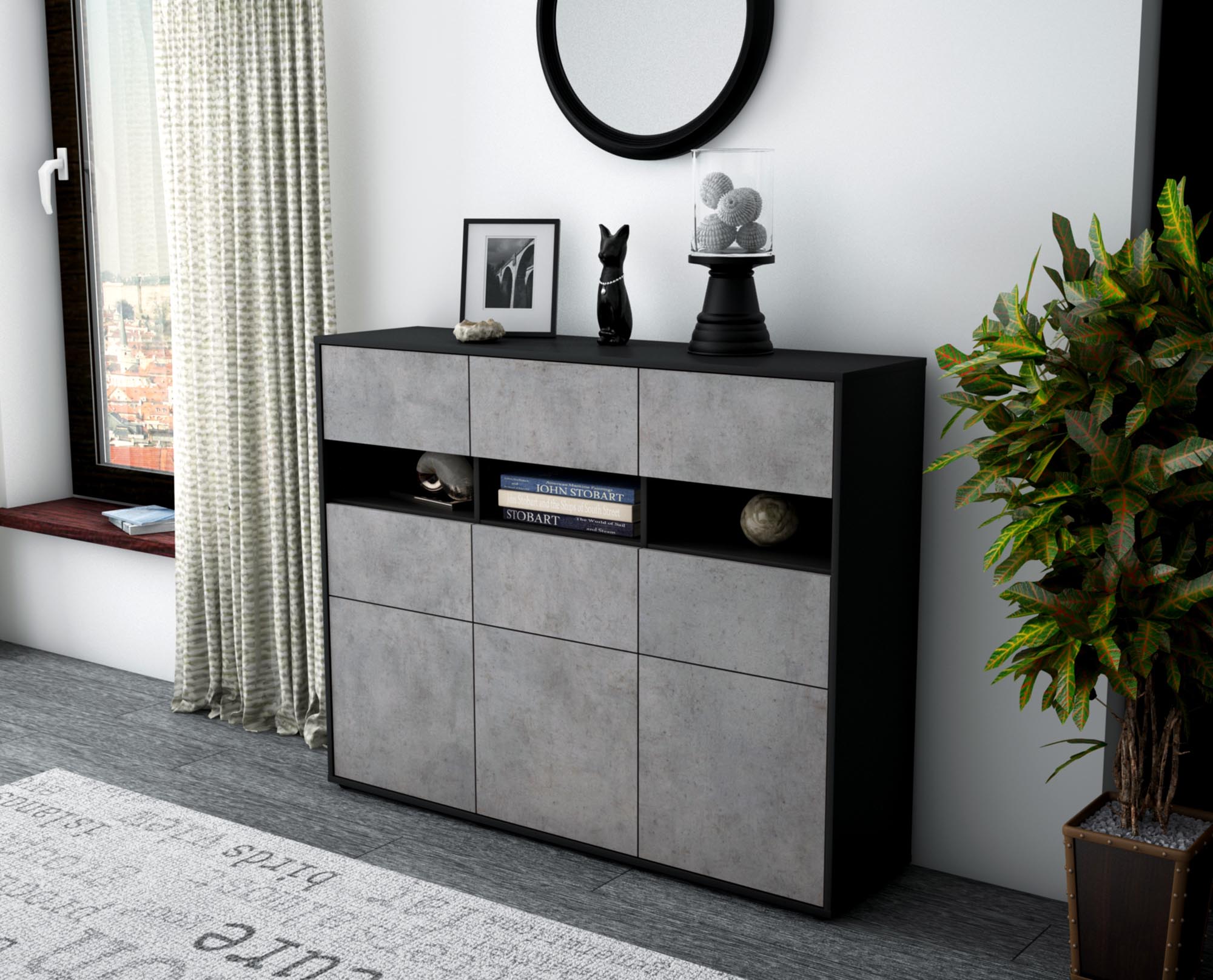 Highboard - Teresa - Design Industrie Stil - Freistehend mit Push to Open 136 cm Anthrazit