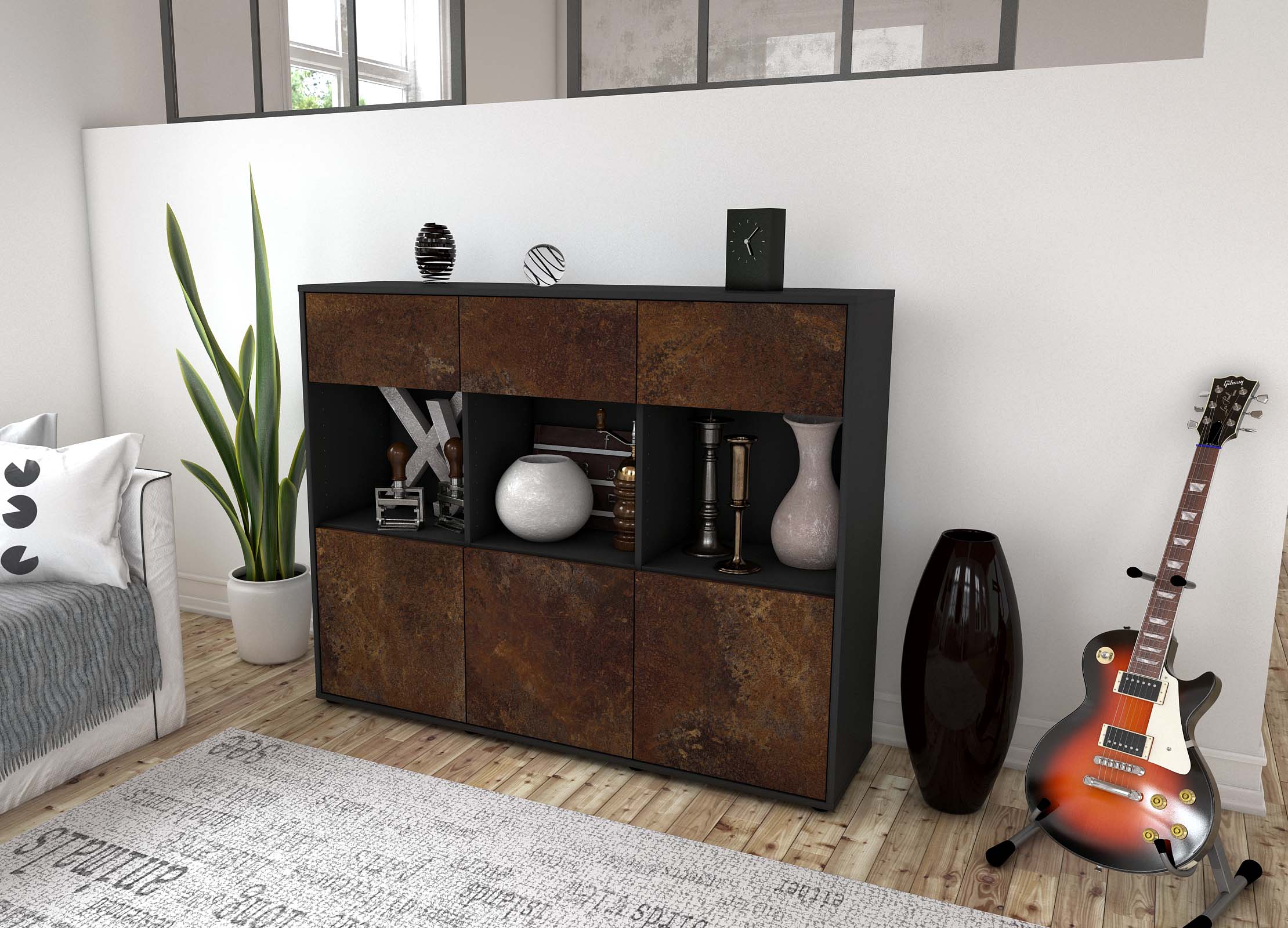 Highboard - Tessa - Design Industrie Stil - Freistehend mit Push to Open 136 cm Anthrazit