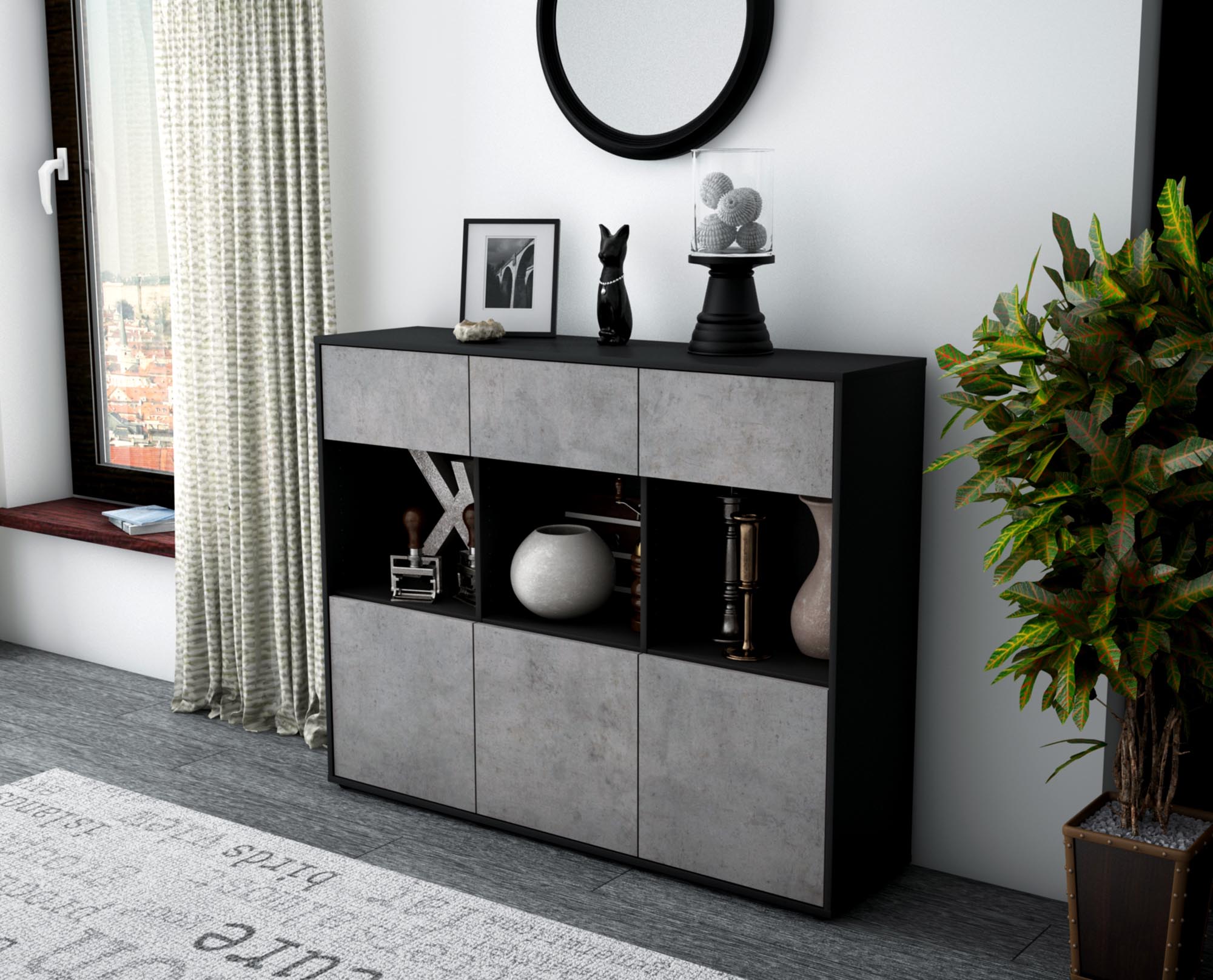 Highboard - Tessa - Design Industrie Stil - Freistehend mit Push to Open 136 cm Anthrazit