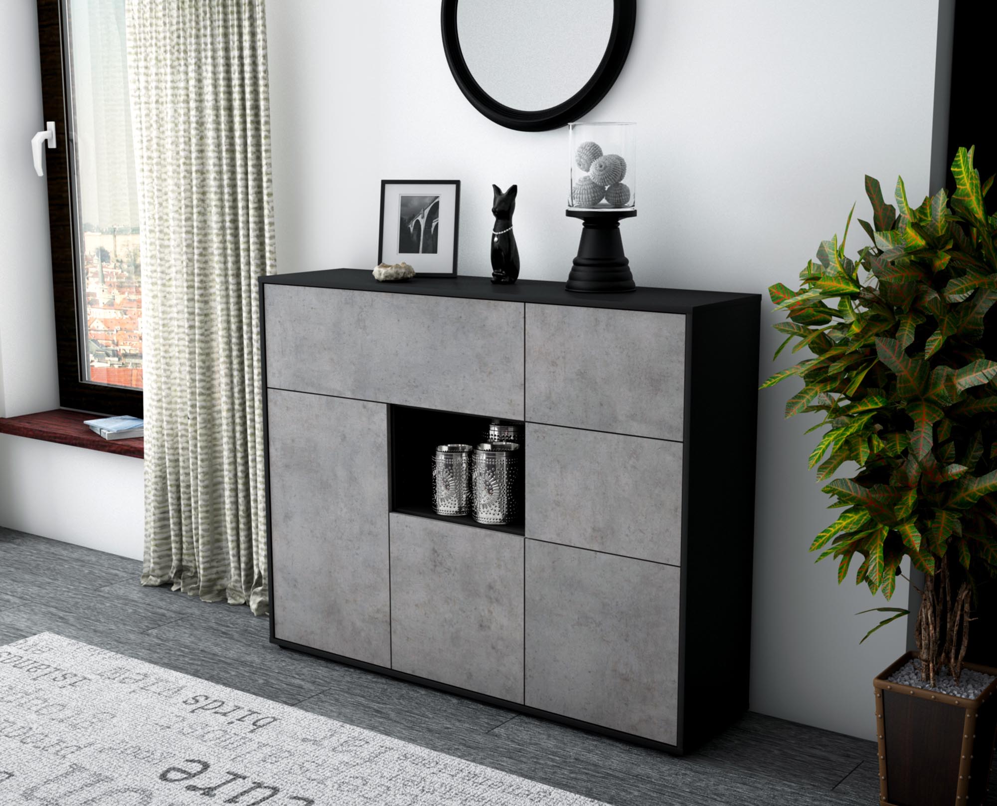 Highboard - Verena - Design Industrie Stil - Freistehend mit Push to Open 136 cm Anthrazit