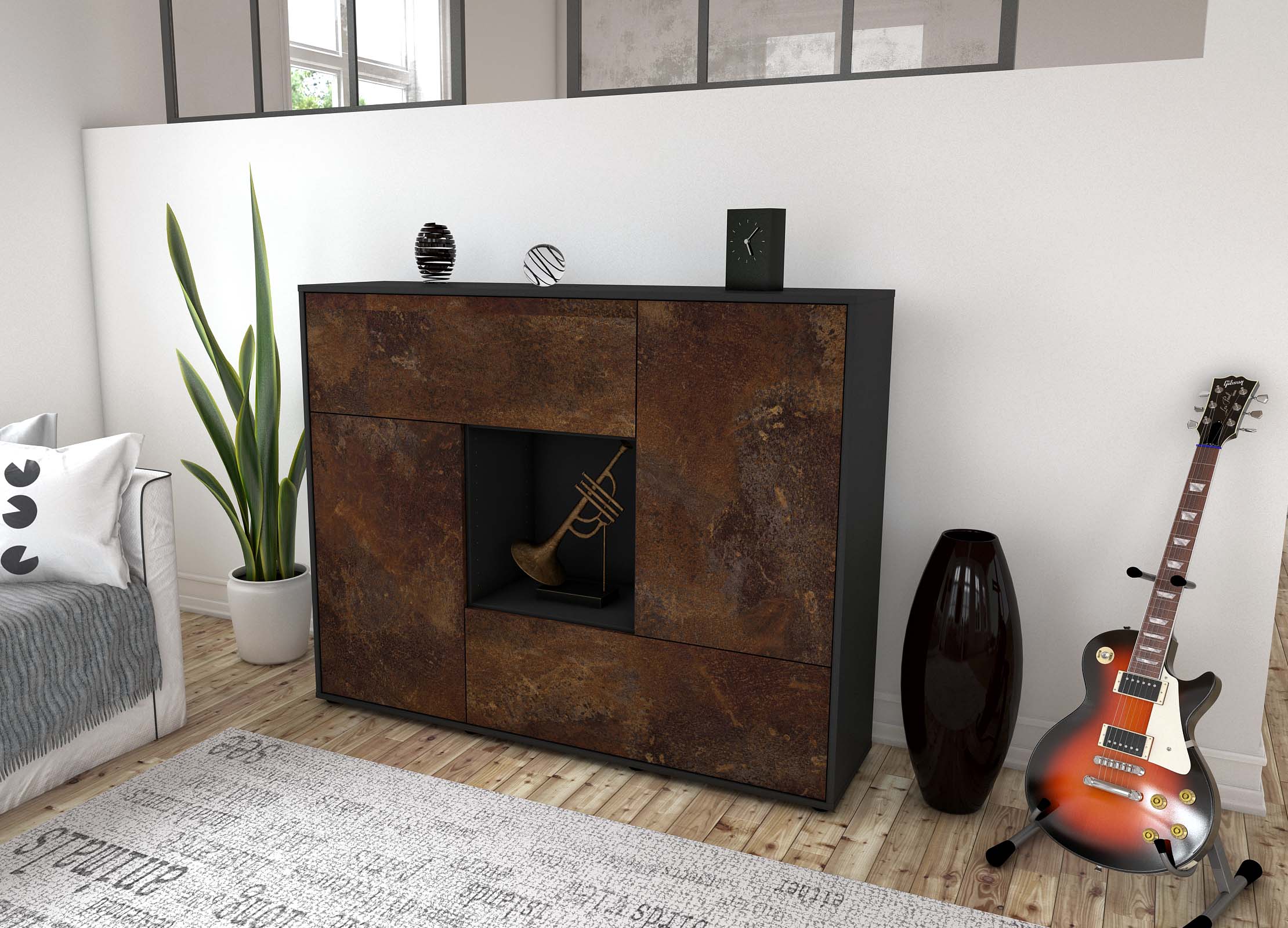 Highboard - Veronica - Design Industrie Stil - Freistehend mit Push to Open 136 cm Anthrazit