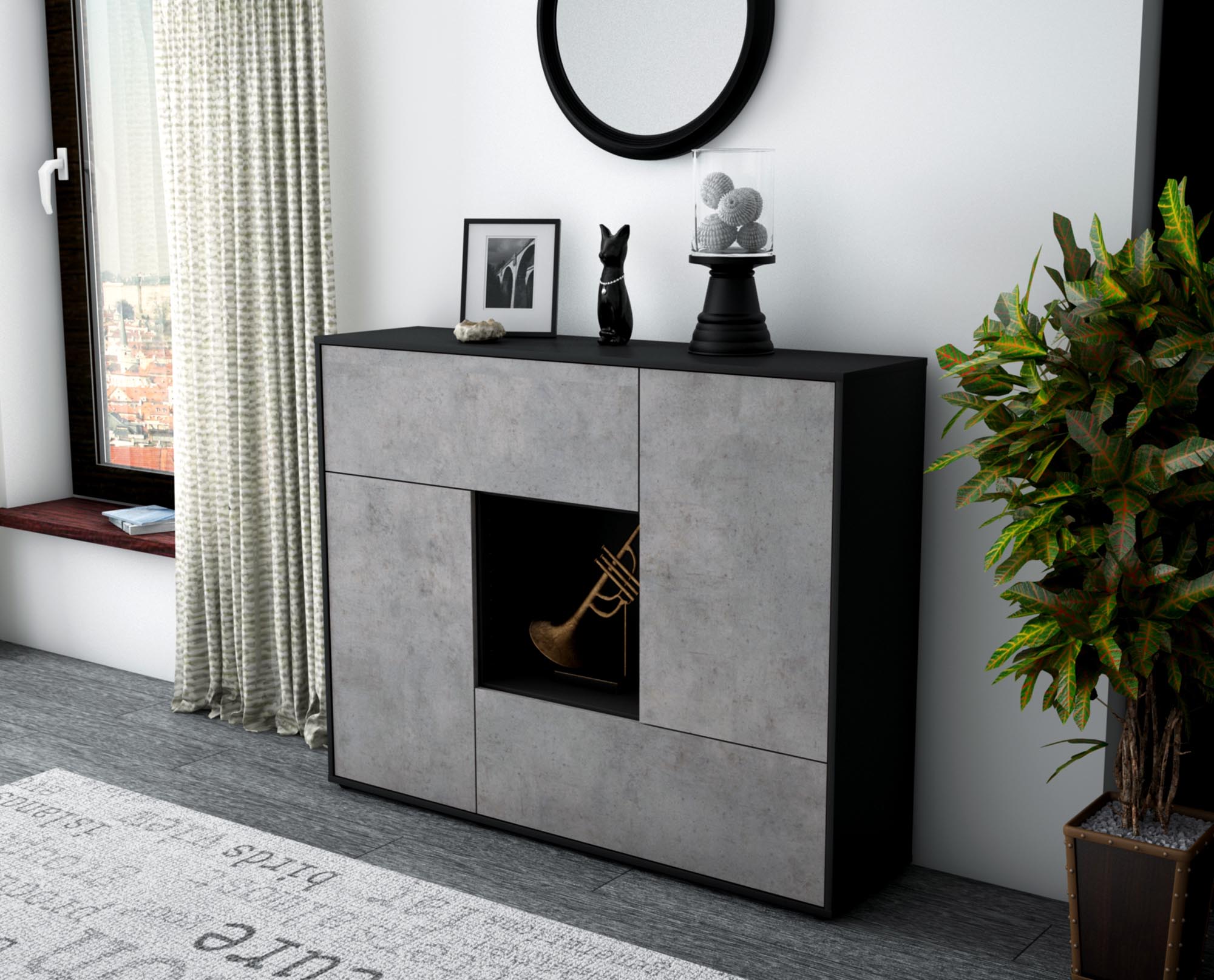 Highboard - Veronica - Design Industrie Stil - Freistehend mit Push to Open 136 cm Anthrazit