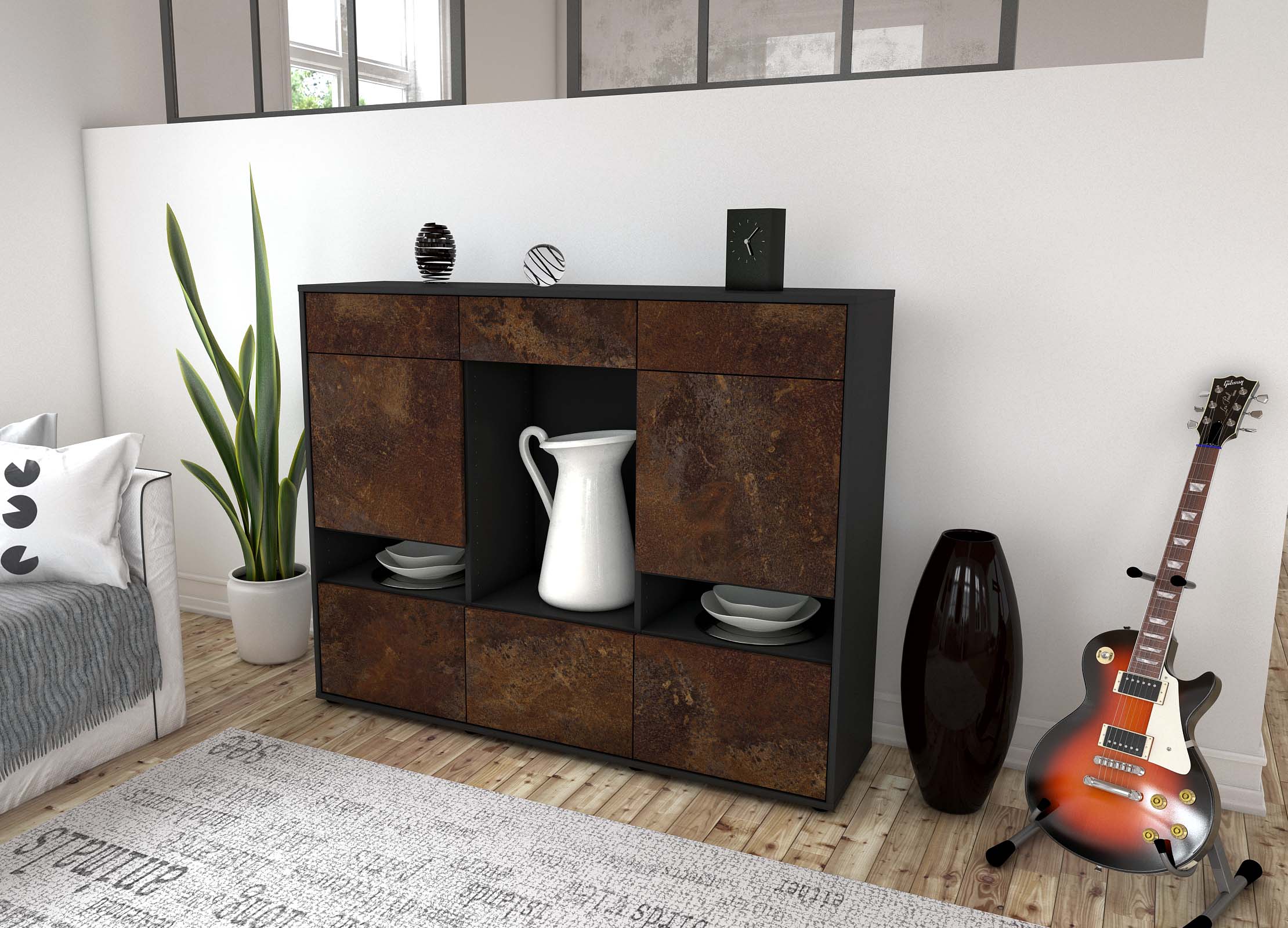 Highboard - Viola - Design Industrie Stil - Freistehend mit Push to Open 136 cm Anthrazit