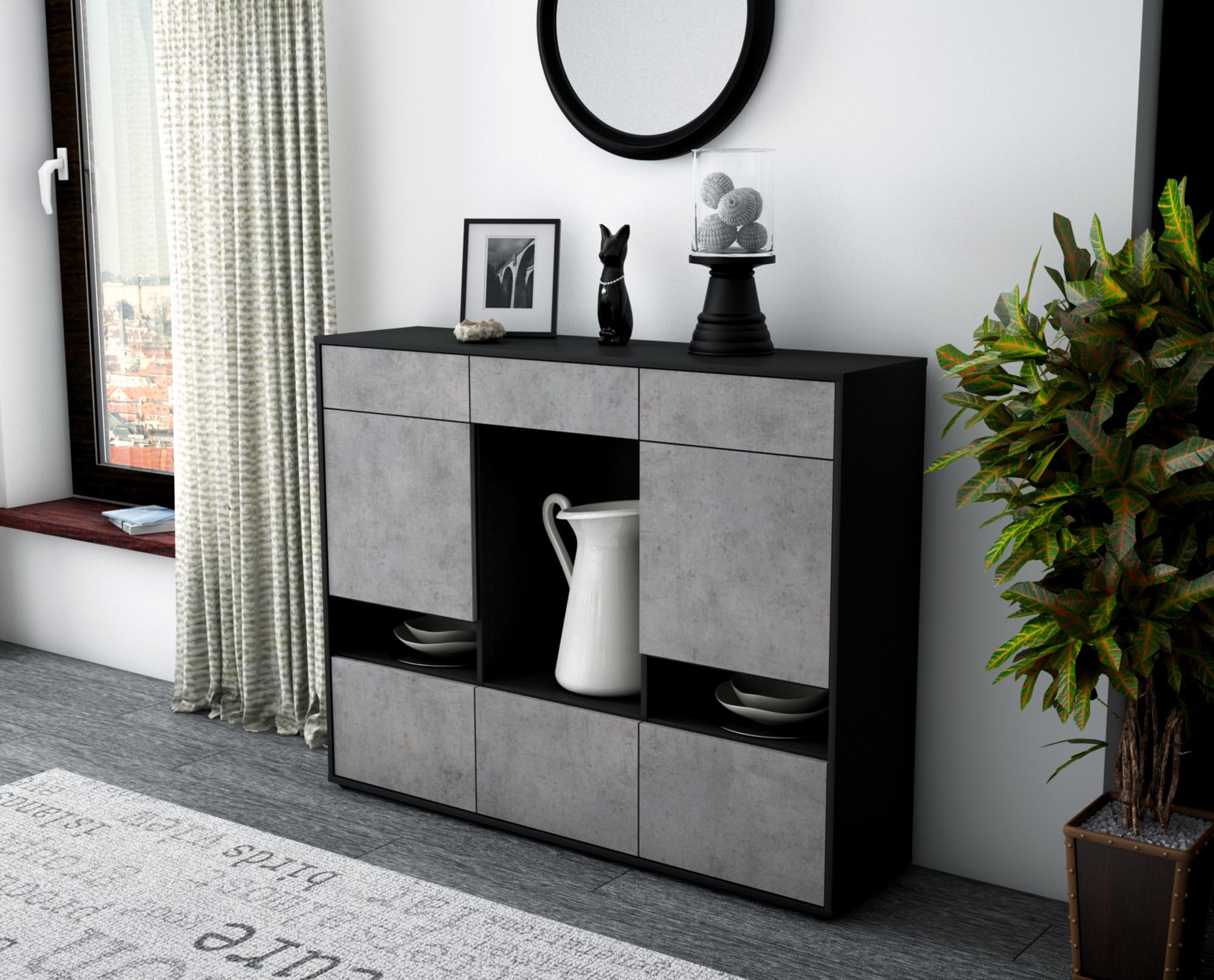 Highboard - Viola - Design Industrie Stil - Freistehend mit Push to Open 136 cm Anthrazit