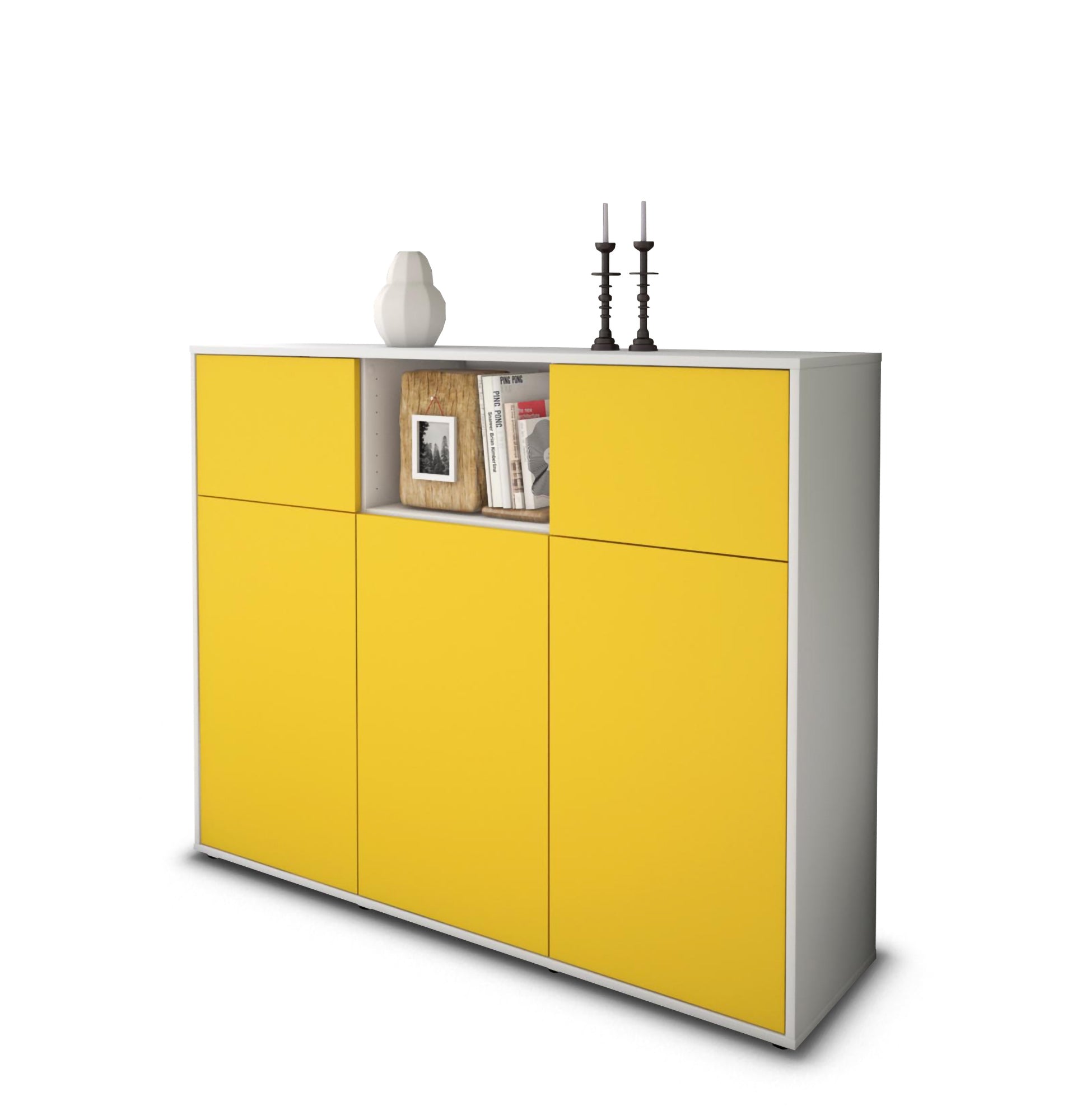 Highboard - Melanie - Design Farbakzent - Freistehend mit Push to Open 136 cm Weiss