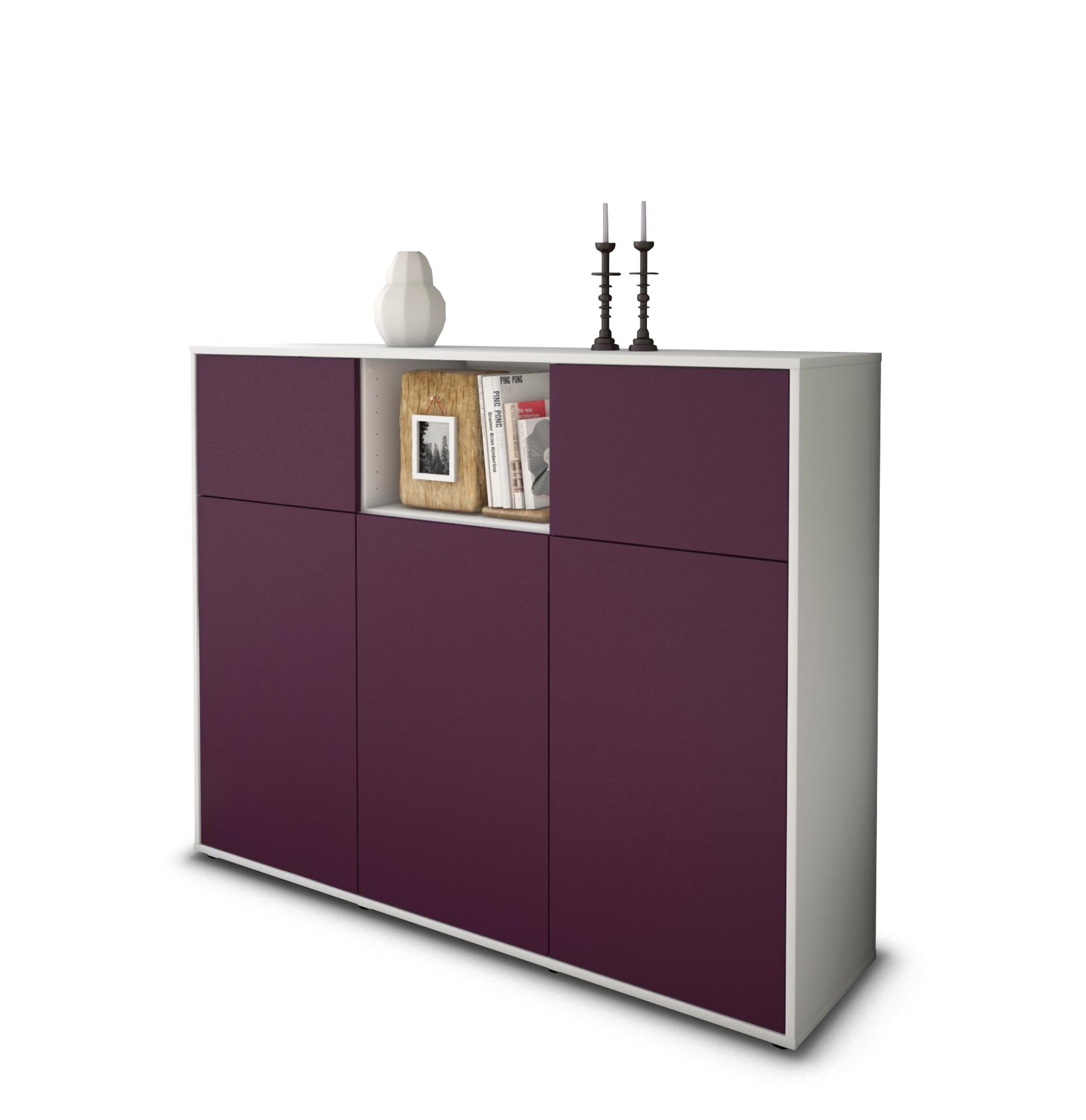 Highboard - Melanie - Design Farbakzent - Freistehend mit Push to Open 136 cm Weiss