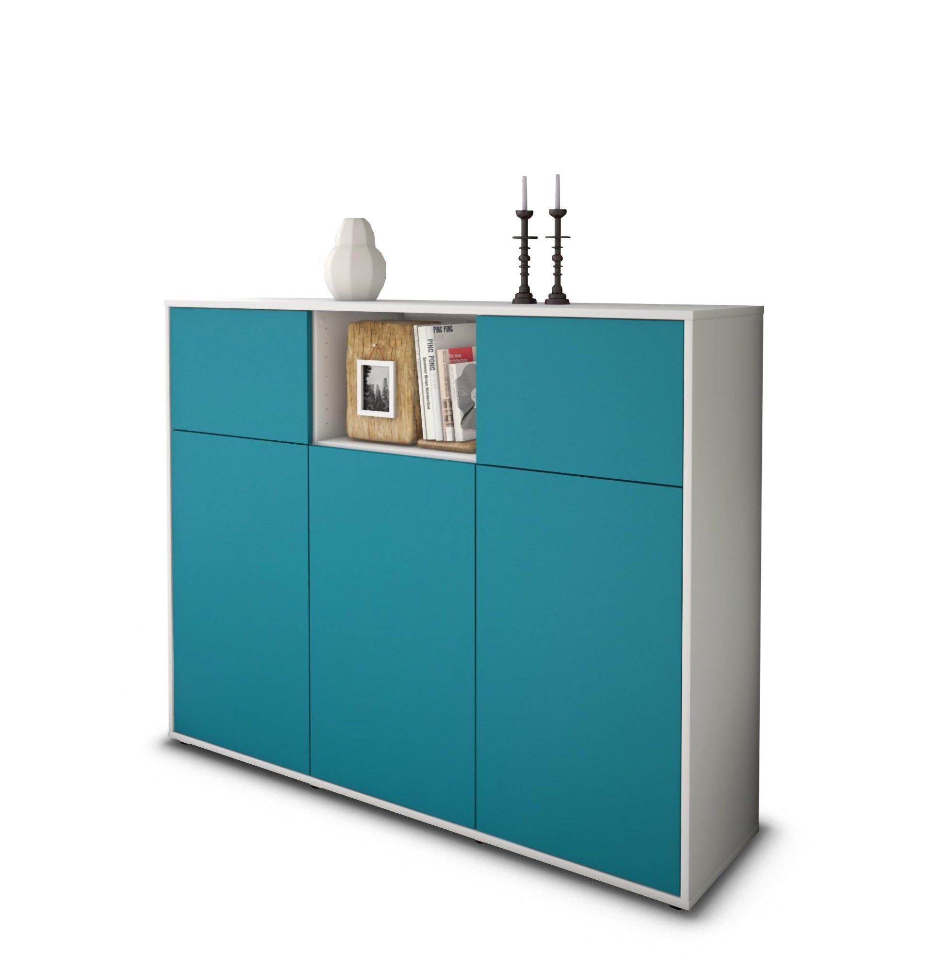 Highboard - Melanie - Design Farbakzent - Freistehend mit Push to Open 136 cm Weiss