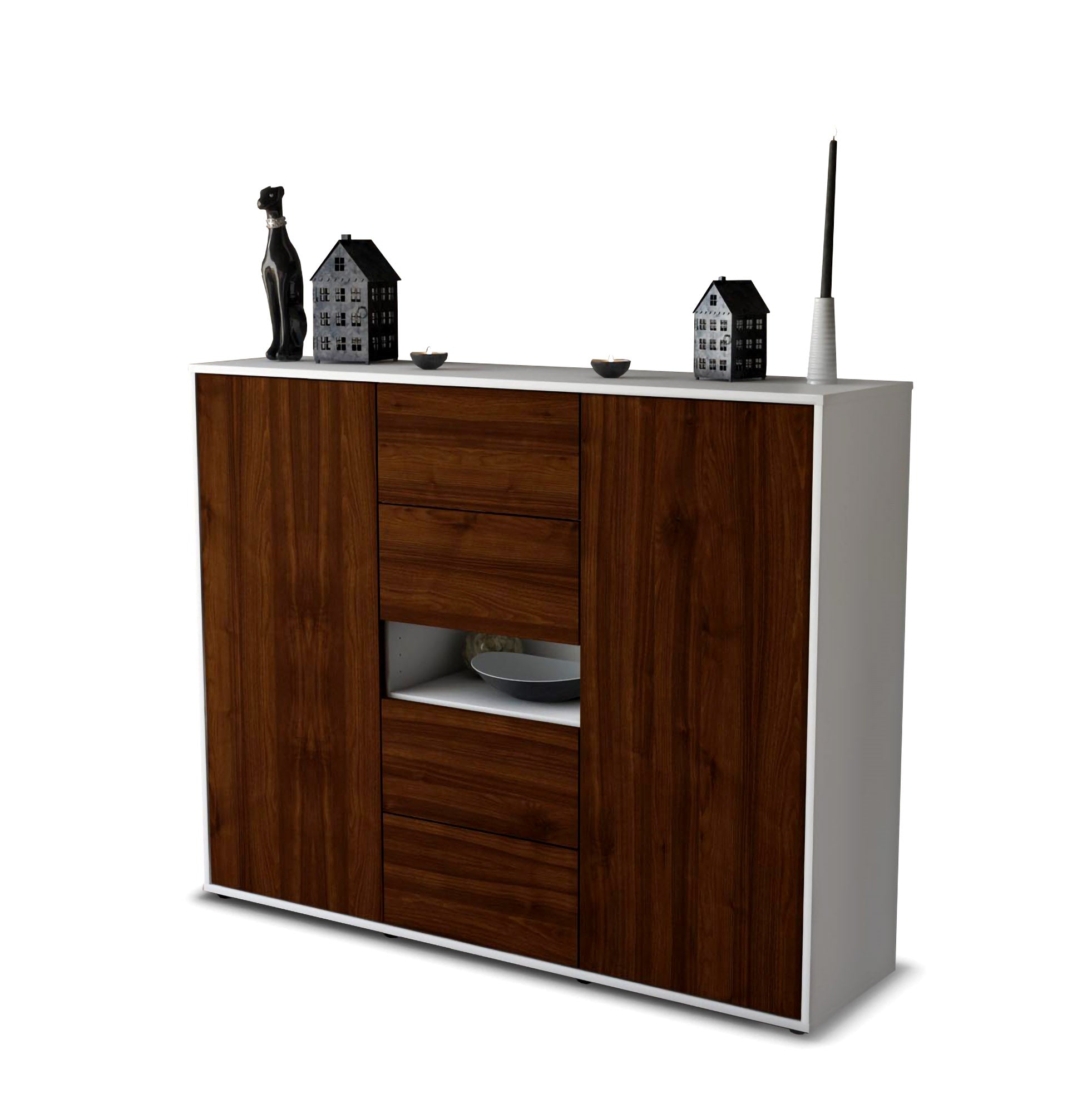 Highboard - Noelia - Design Holzdekor - Freistehend mit Push to Open 136 cm Weiss