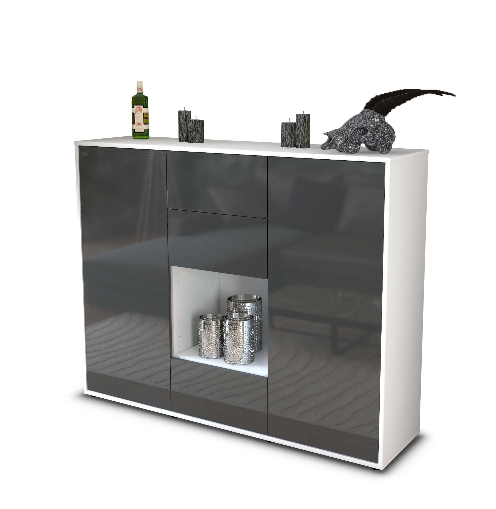 Highboard - Nora - Design Hochglanz - Freistehend mit Push to Open 136 cm Weiss