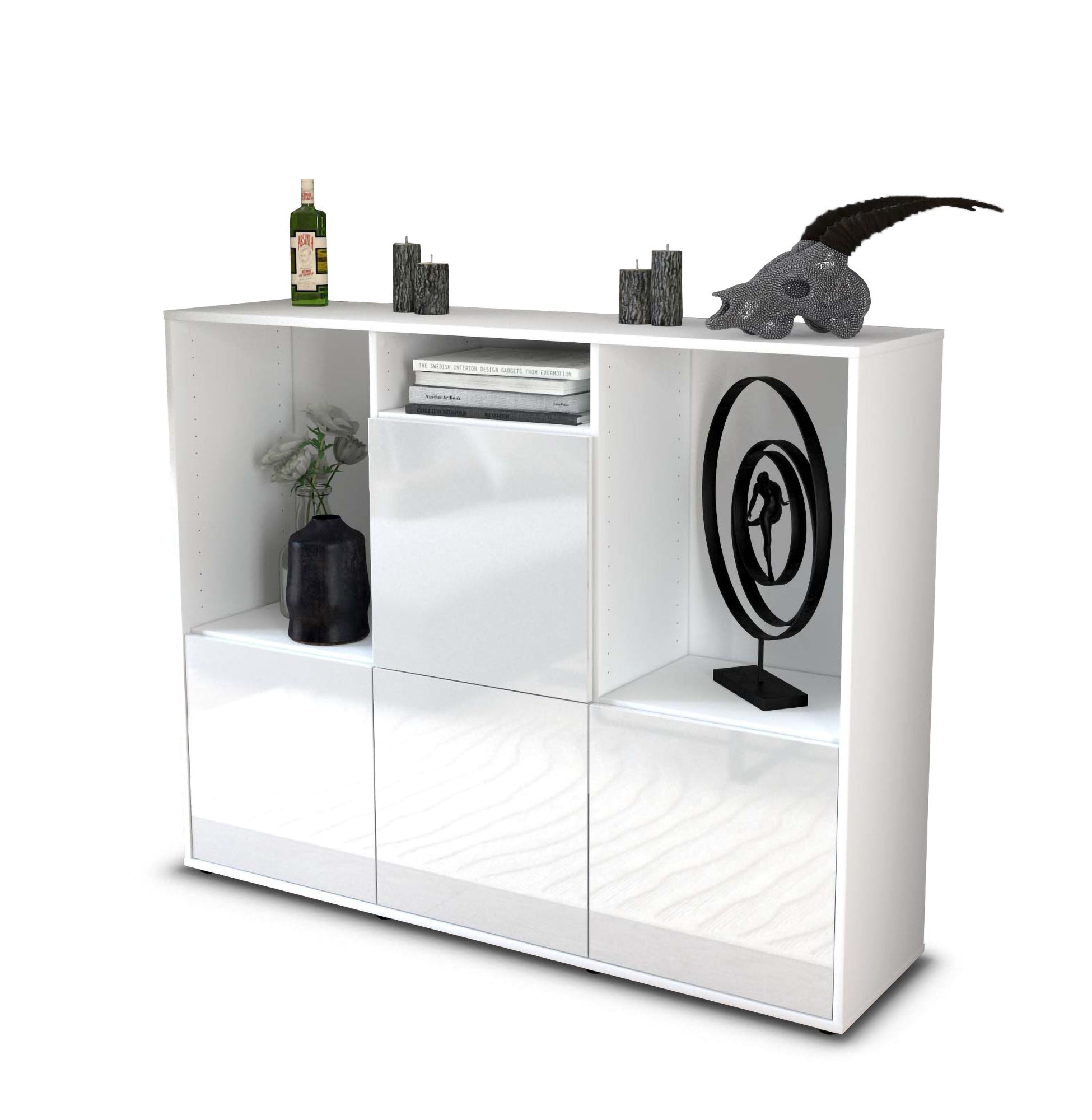 Highboard - Saskia - Design Hochglanz - Freistehend mit Push to Open 136 cm Weiss