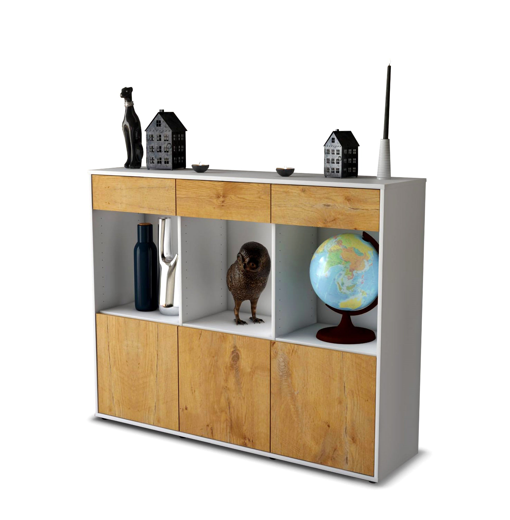 Highboard - Selina - Design Holzdekor - Freistehend mit Push to Open 136 cm Weiss
