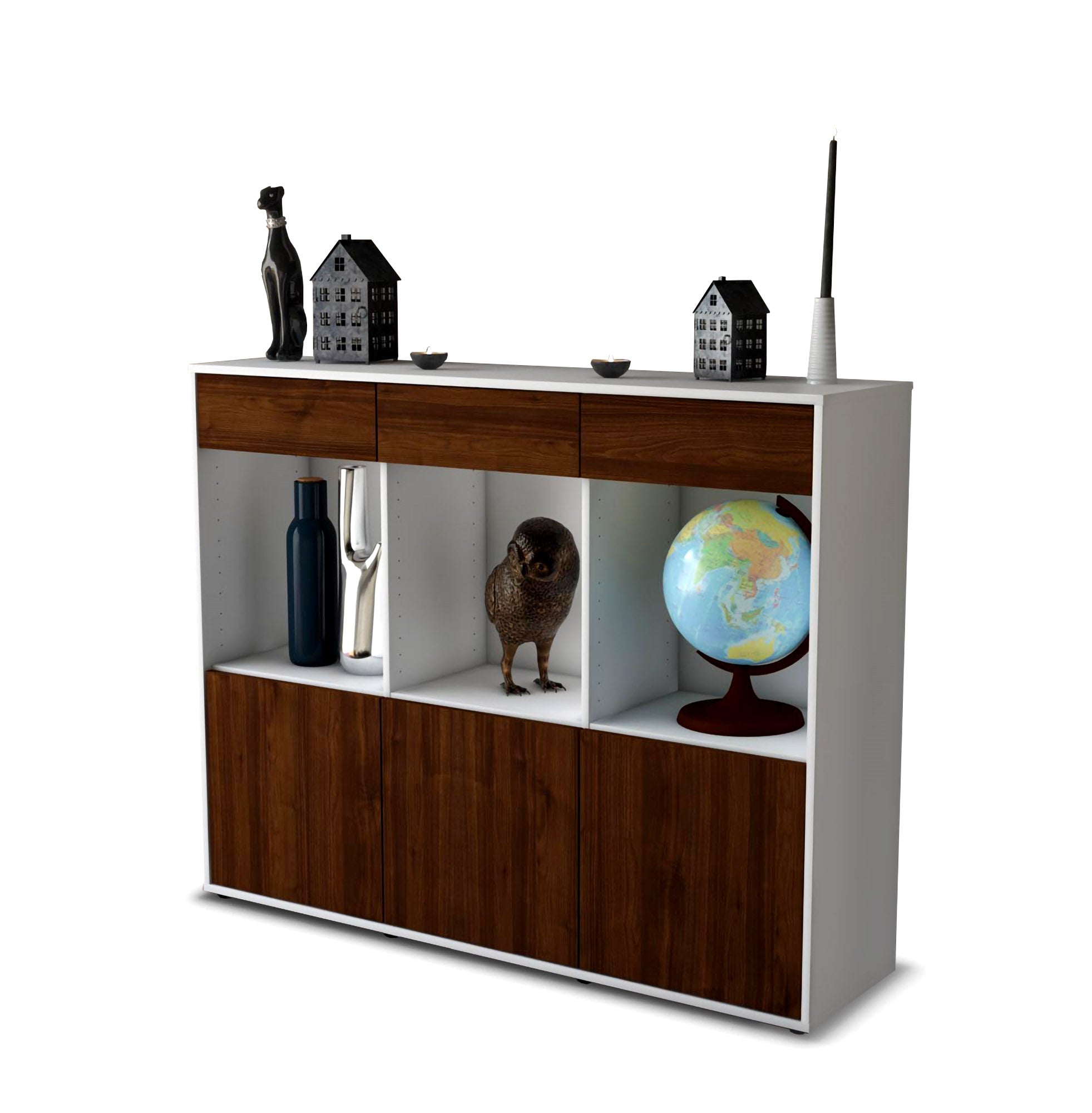 Highboard - Selina - Design Holzdekor - Freistehend mit Push to Open 136 cm Weiss
