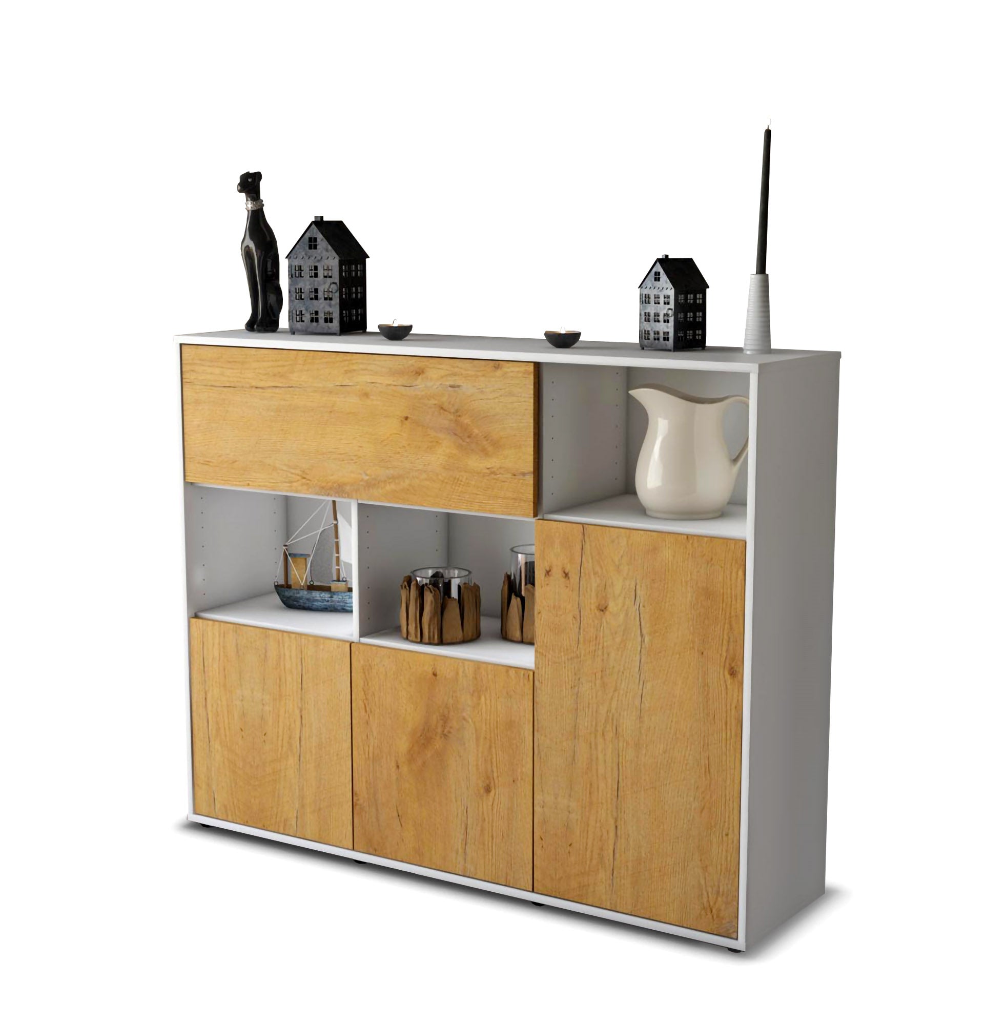 Highboard - Valenzia - Design Holzdekor - Freistehend mit Push to Open 136 cm Weiss