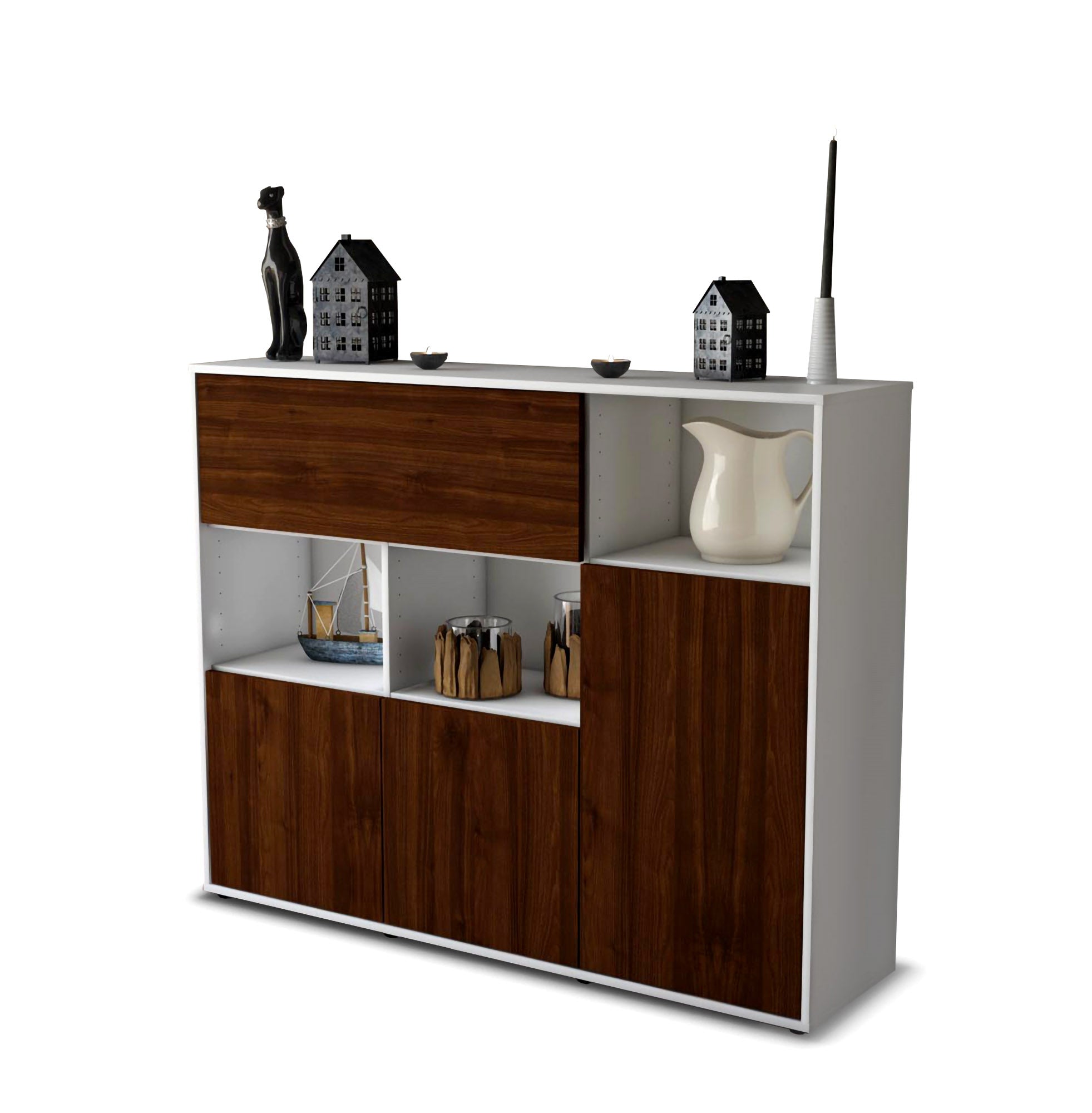 Highboard - Valenzia - Design Holzdekor - Freistehend mit Push to Open 136 cm Weiss