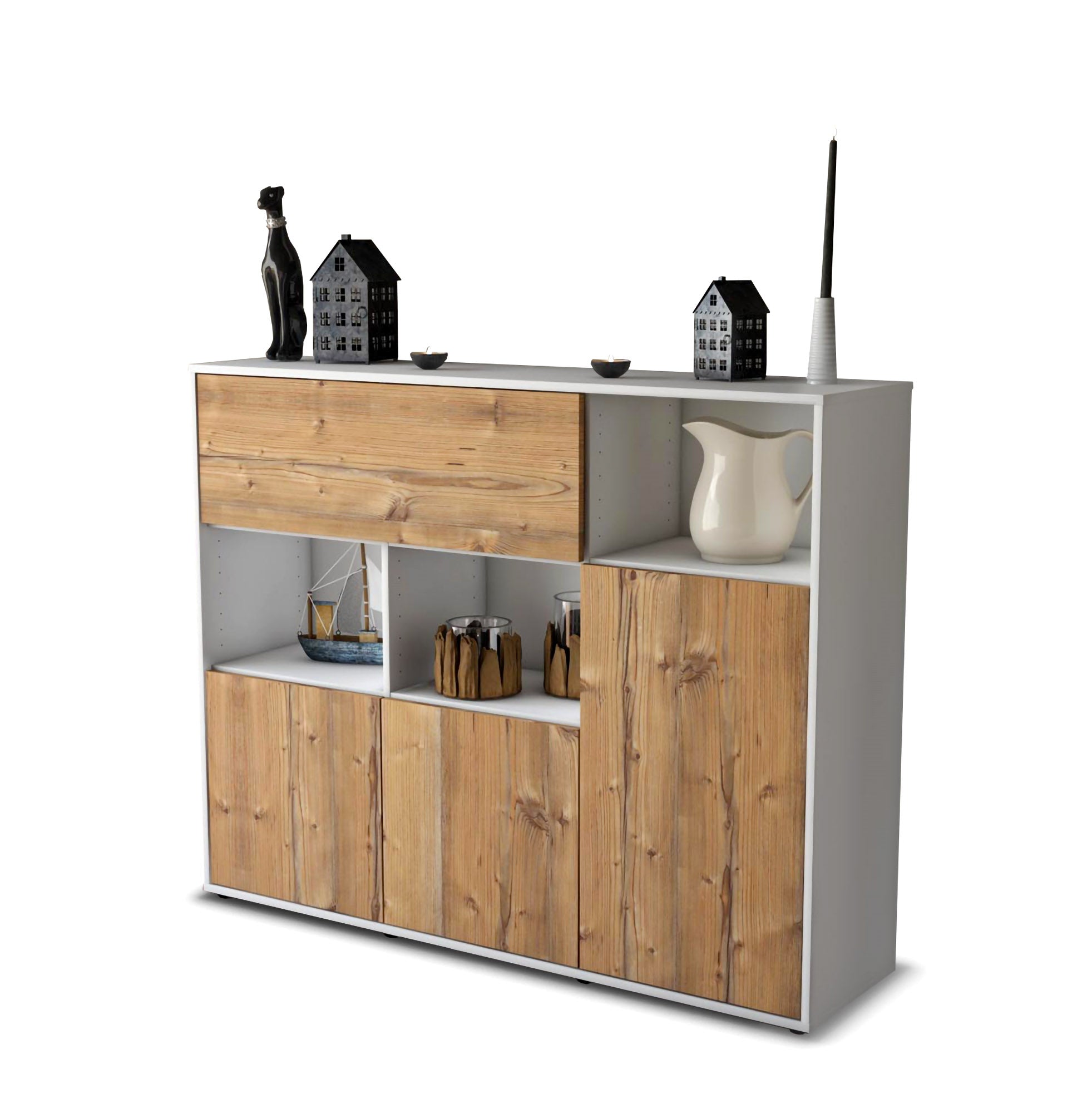 Highboard - Valenzia - Design Holzdekor - Freistehend mit Push to Open 136 cm Weiss