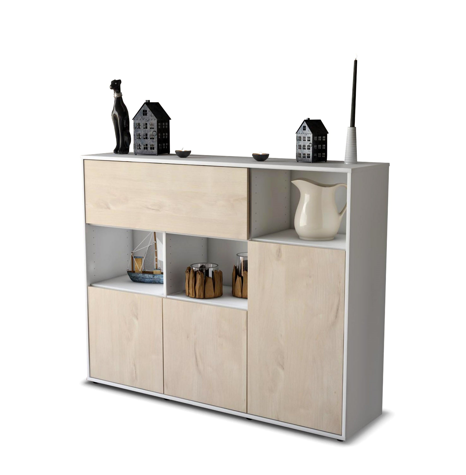 Highboard - Valenzia - Design Holzdekor - Freistehend mit Push to Open 136 cm Weiss