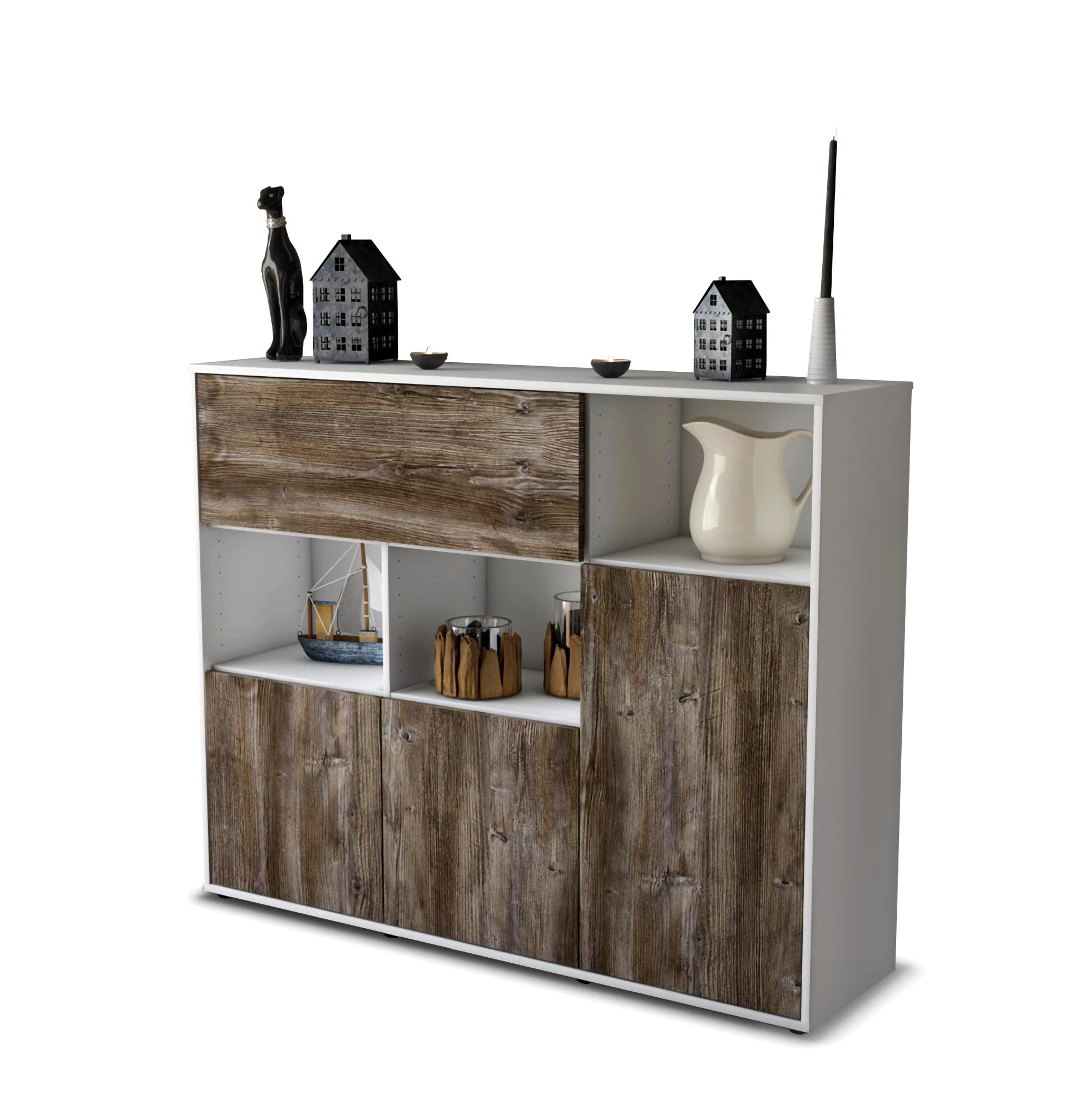 Highboard - Valenzia - Design Holzdekor - Freistehend mit Push to Open 136 cm Weiss