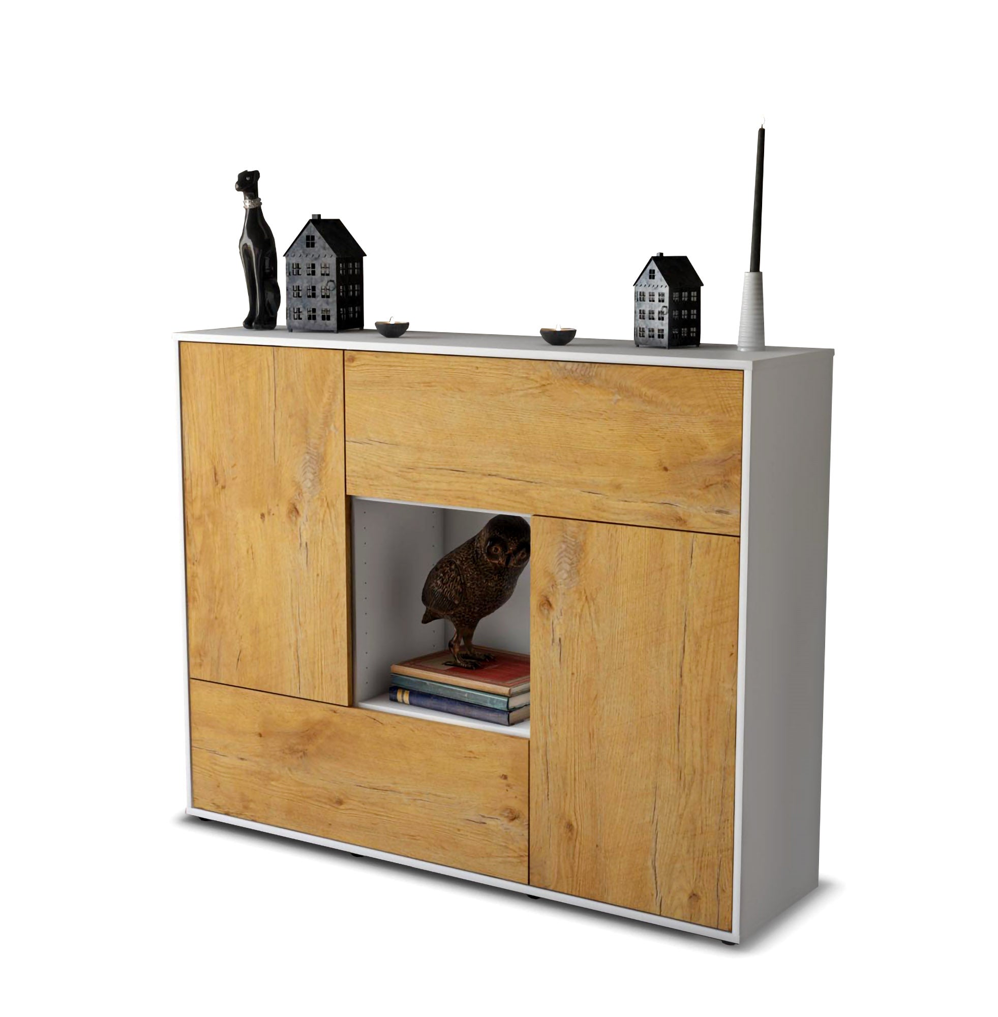Highboard - Vicky - Design Holzdekor - Freistehend mit Push to Open 136 cm Weiss