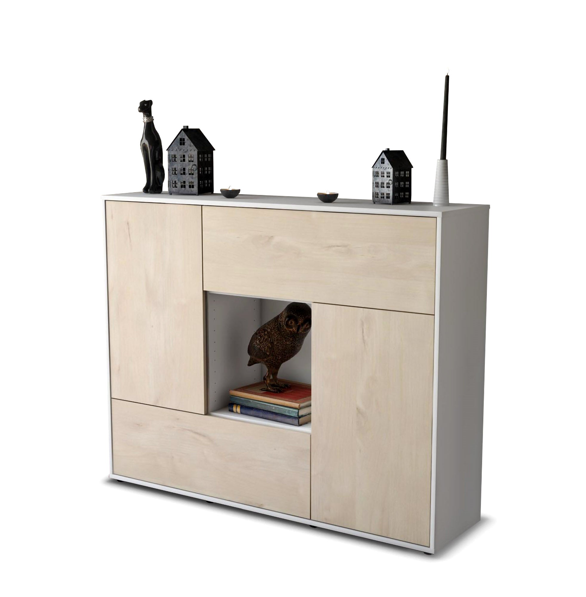 Highboard - Vicky - Design Holzdekor - Freistehend mit Push to Open 136 cm Weiss