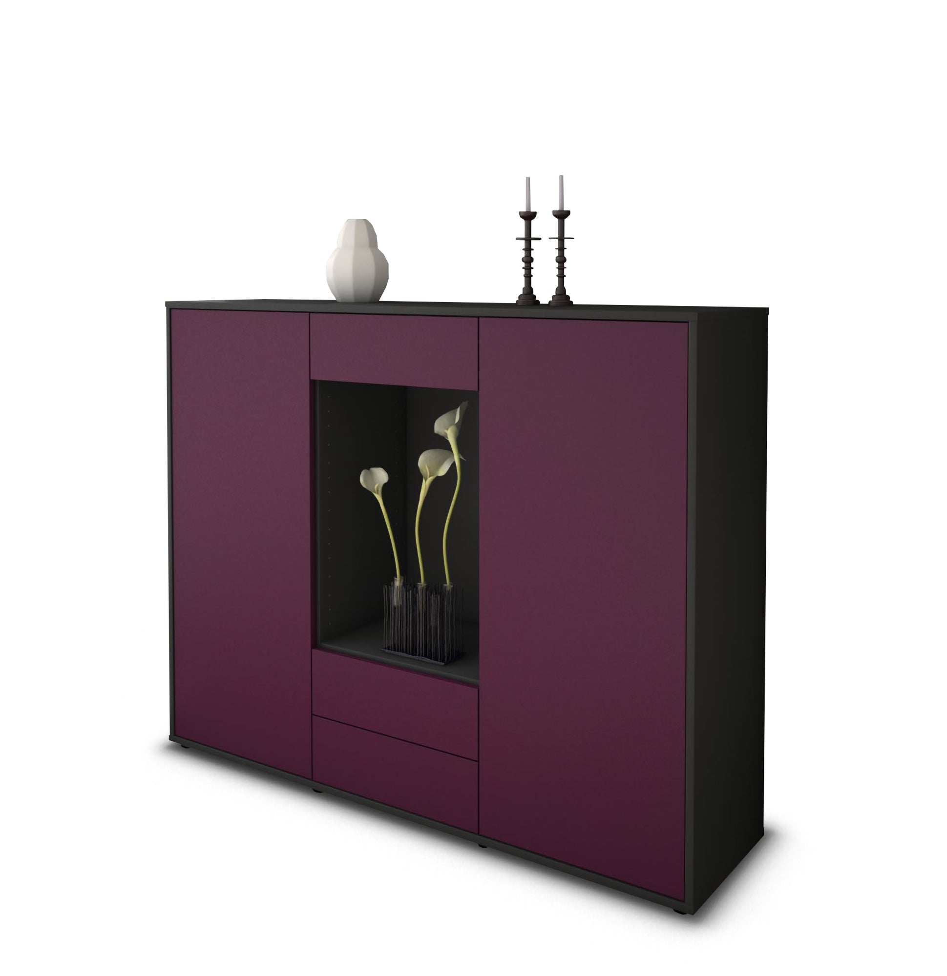 Highboard - Marilena - Design Farbakzent - Freistehend mit Push to Open 136 cm Anthrazit