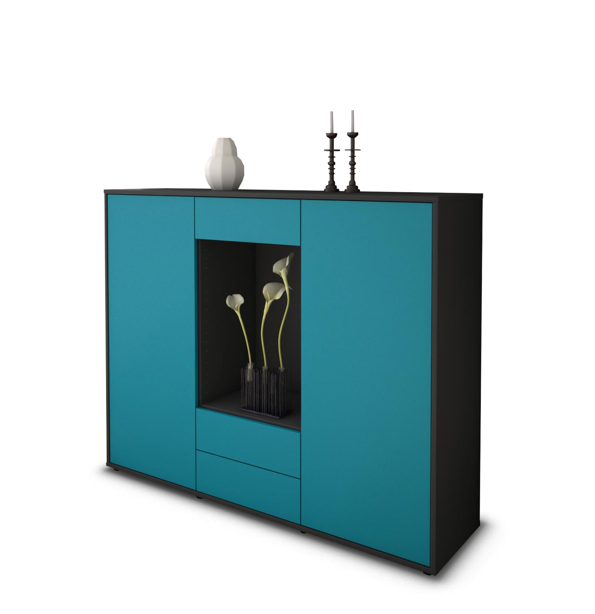 Highboard - Marilena - Design Farbakzent - Freistehend mit Push to Open 136 cm Anthrazit