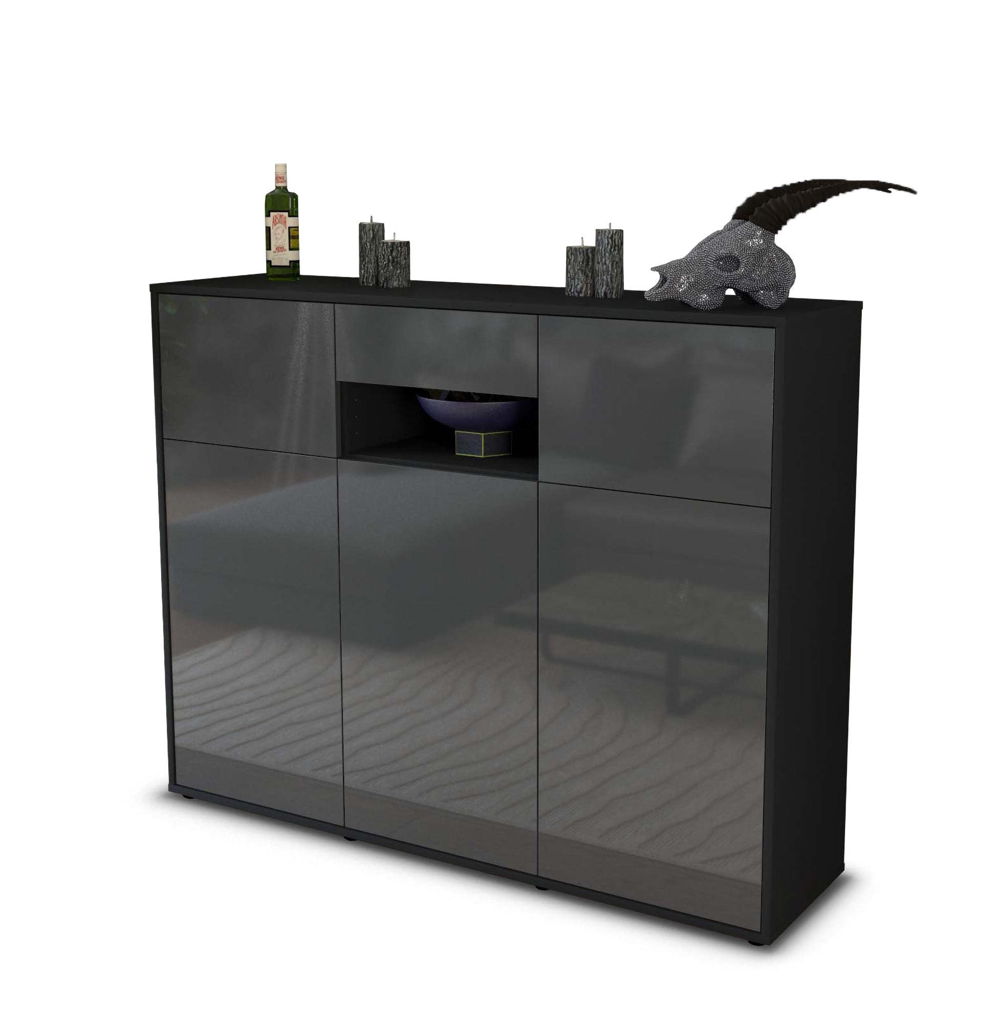 Highboard - Matilda - Design Hochglanz - Freistehend mit Push to Open 136 cm Anthrazit