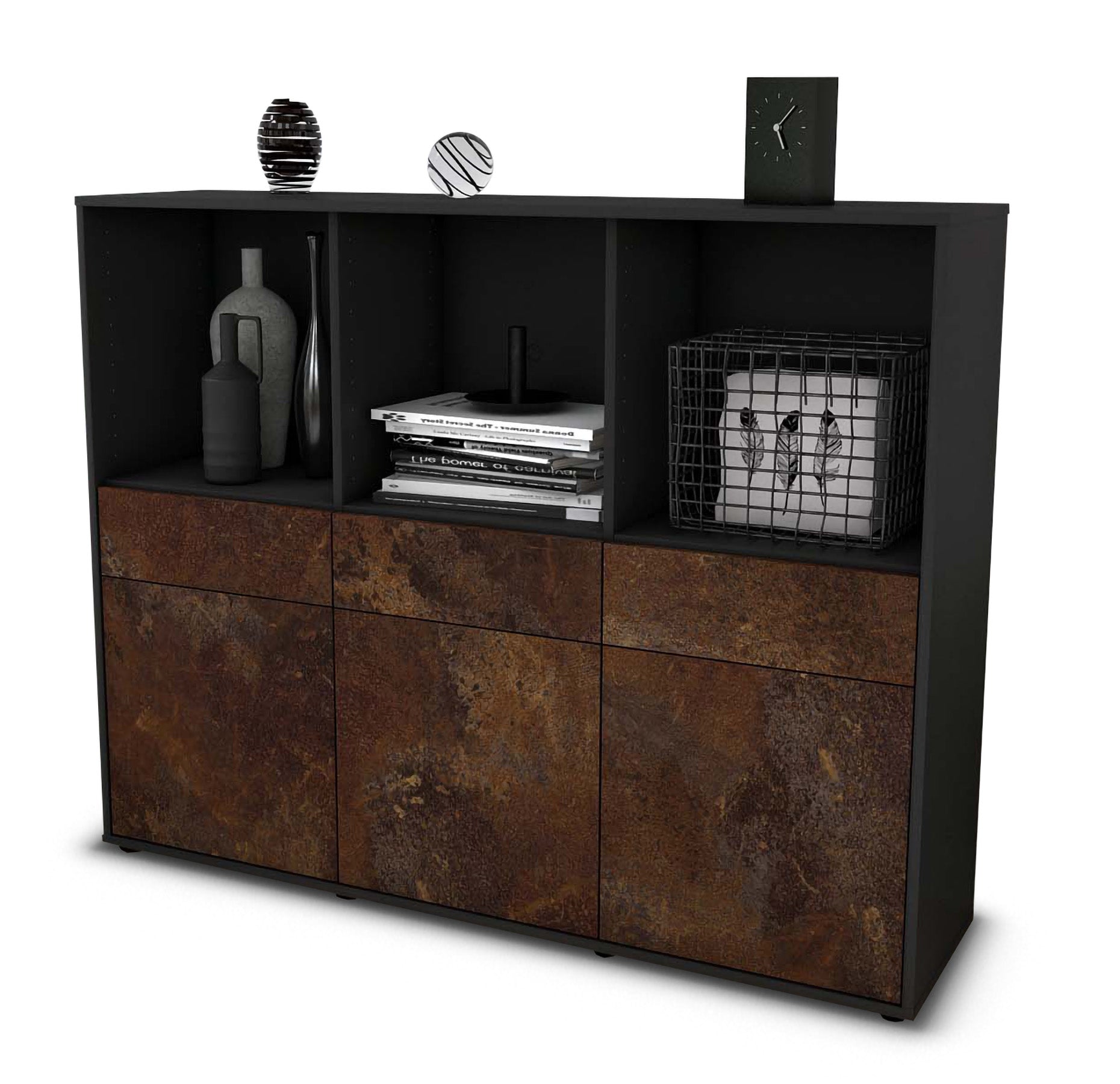 Highboard - Selma - Design Industrie Stil - Freistehend mit Push to Open 136 cm Anthrazit