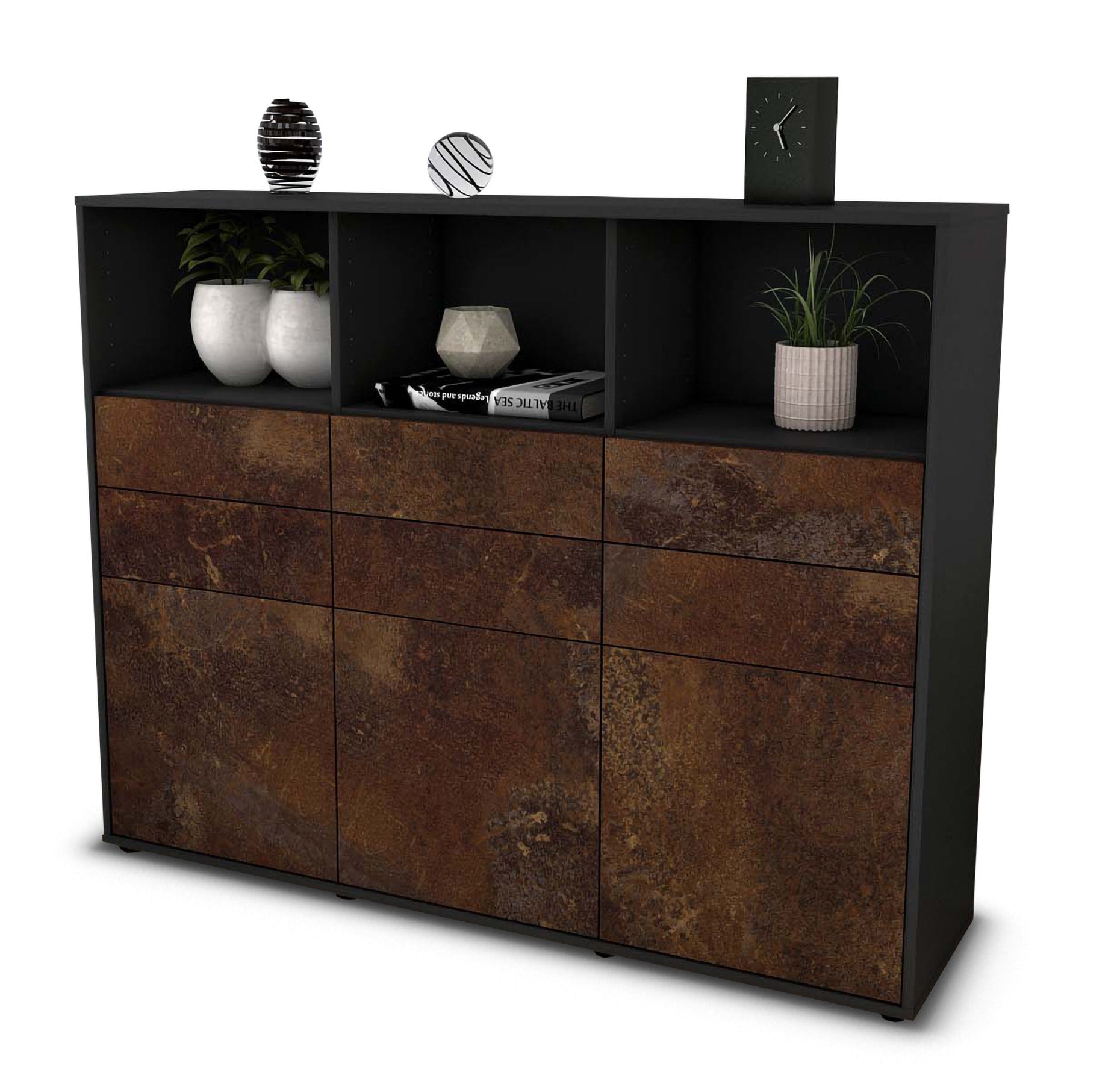 Highboard - Serenella - Design Industrie Stil - Freistehend mit Push to Open 136 cm Anthrazit