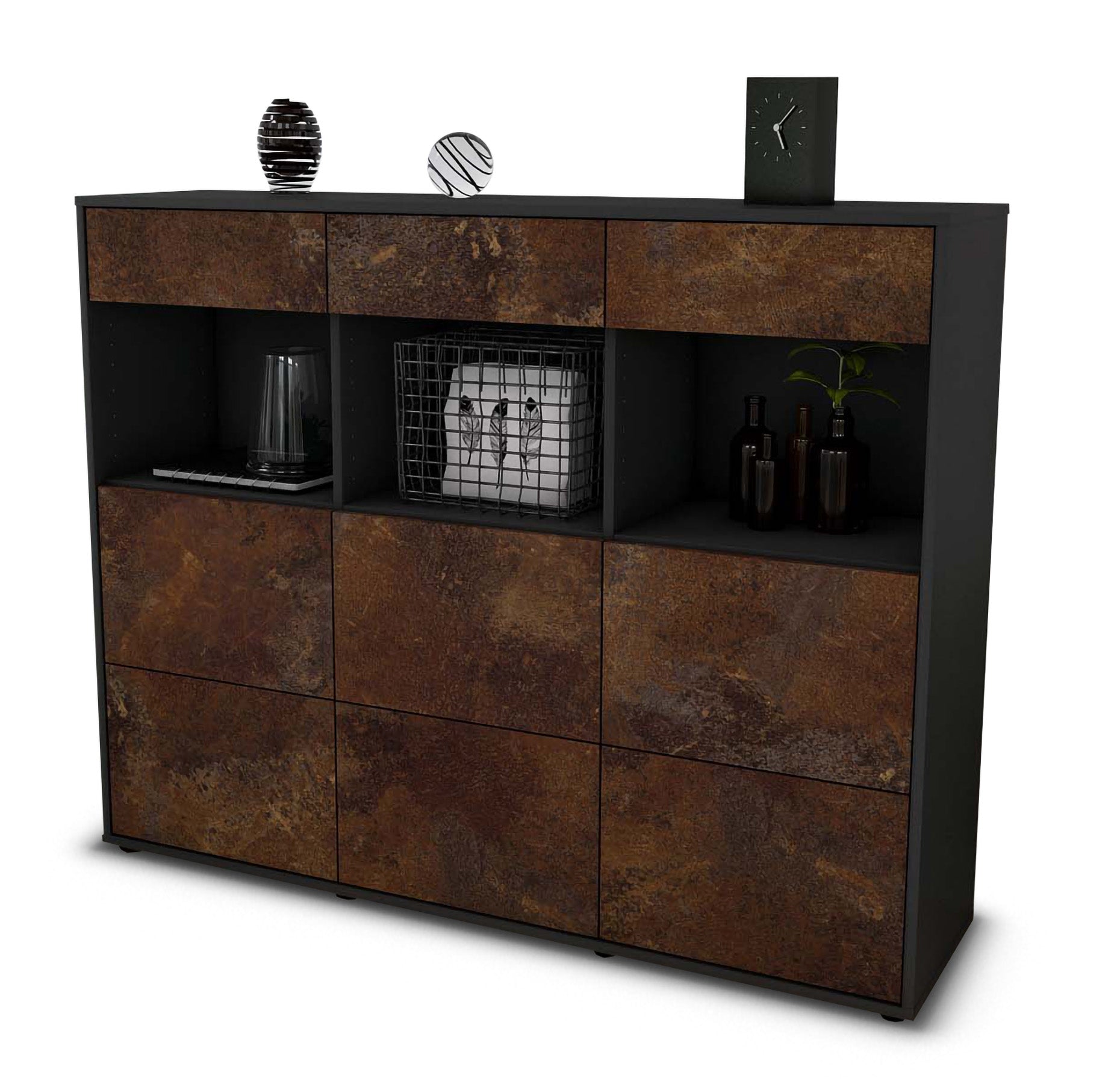 Highboard - Stella - Design Industrie Stil - Freistehend mit Push to Open 136 cm Anthrazit