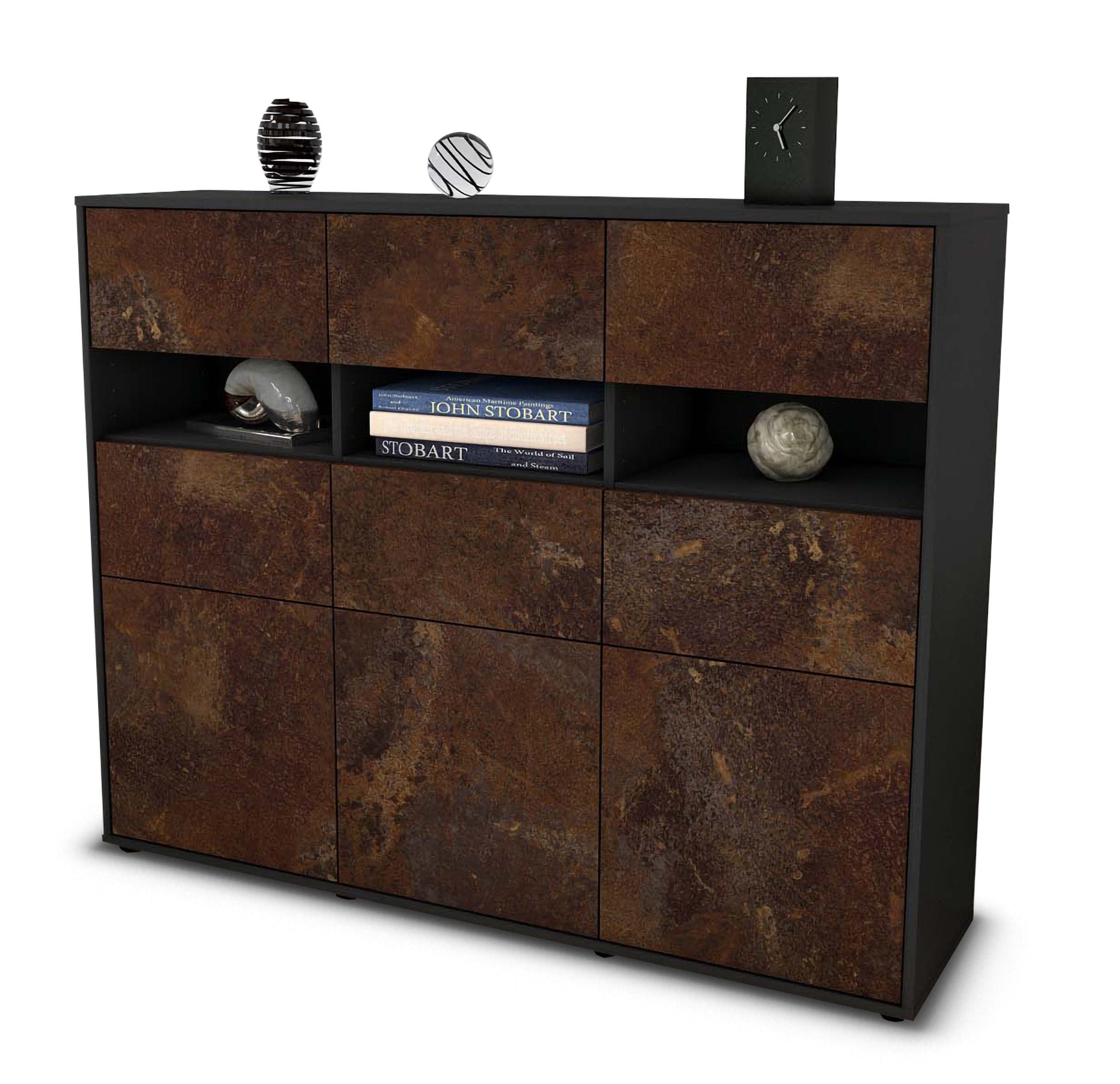 Highboard - Teresa - Design Industrie Stil - Freistehend mit Push to Open 136 cm Anthrazit