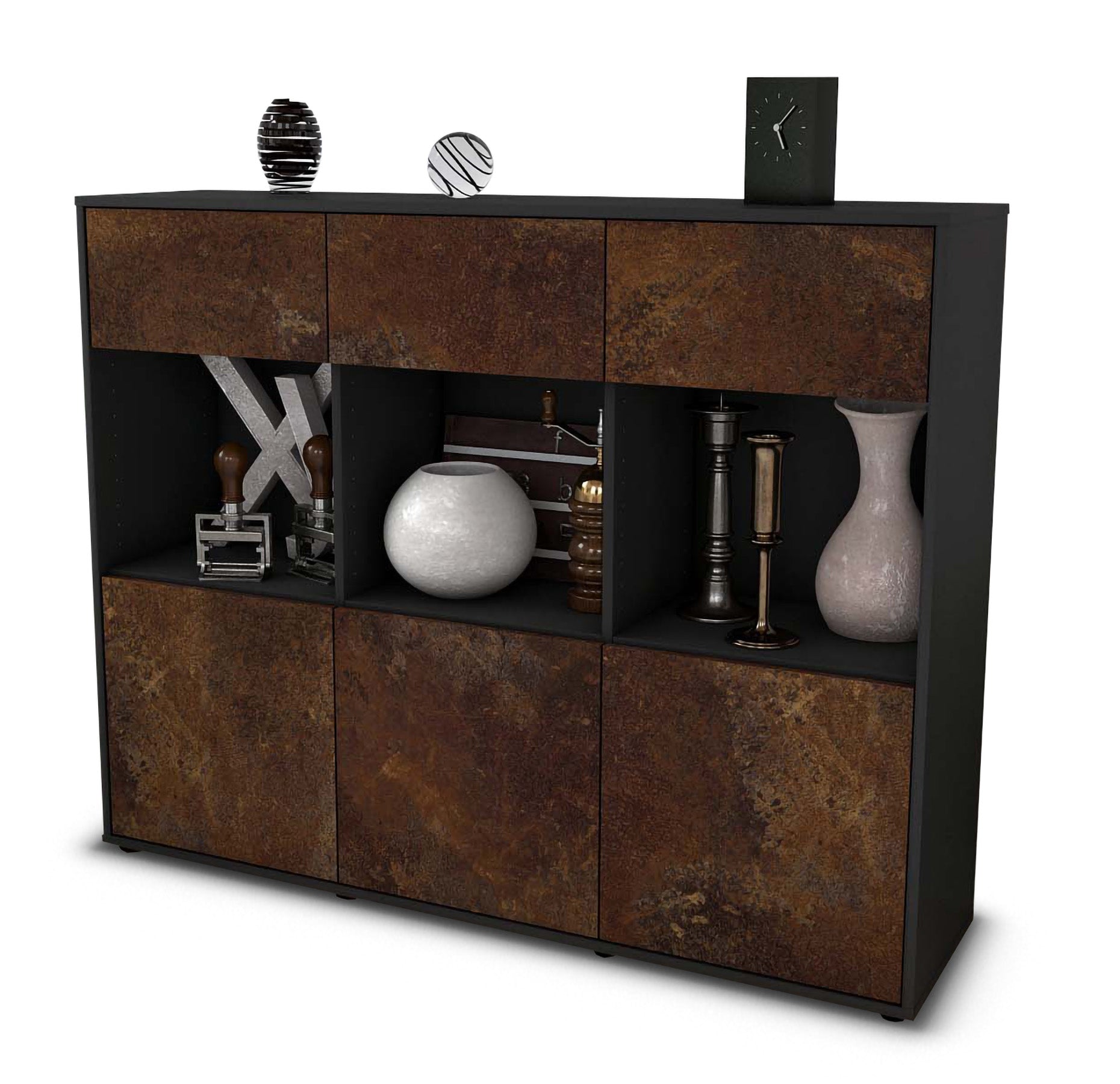 Highboard - Tessa - Design Industrie Stil - Freistehend mit Push to Open 136 cm Anthrazit