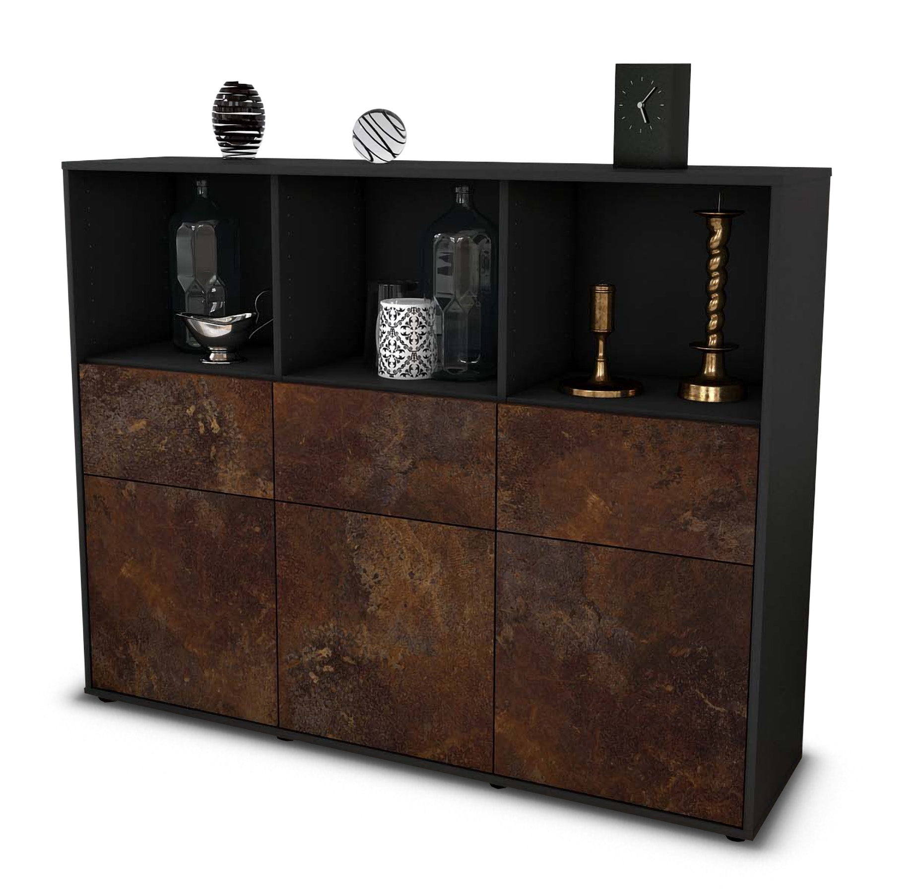 Highboard - Theresia - Design Industrie Stil - Freistehend mit Push to Open 136 cm Anthrazit