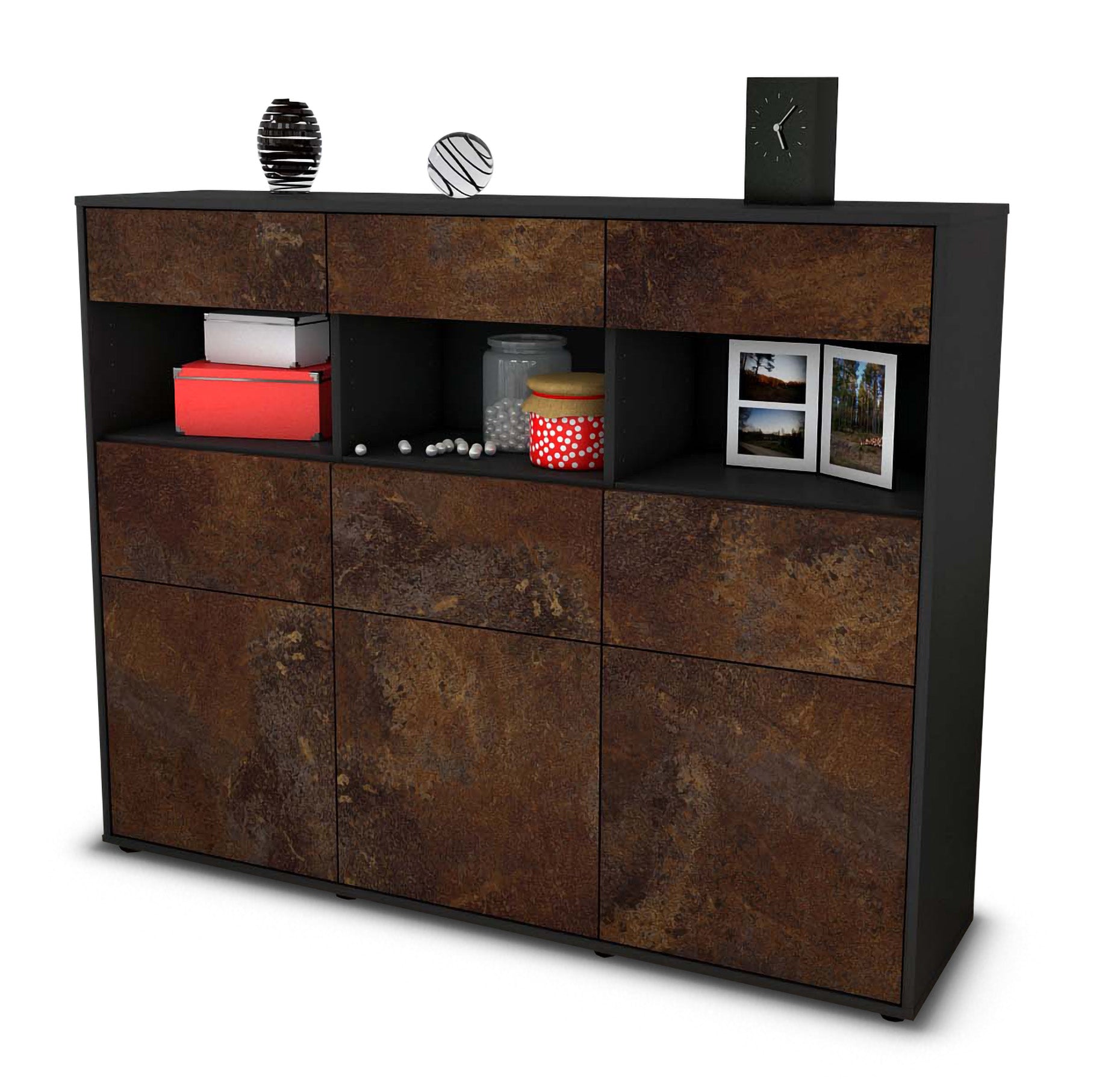 Highboard - Tina - Design Industrie Stil - Freistehend mit Push to Open 136 cm Anthrazit