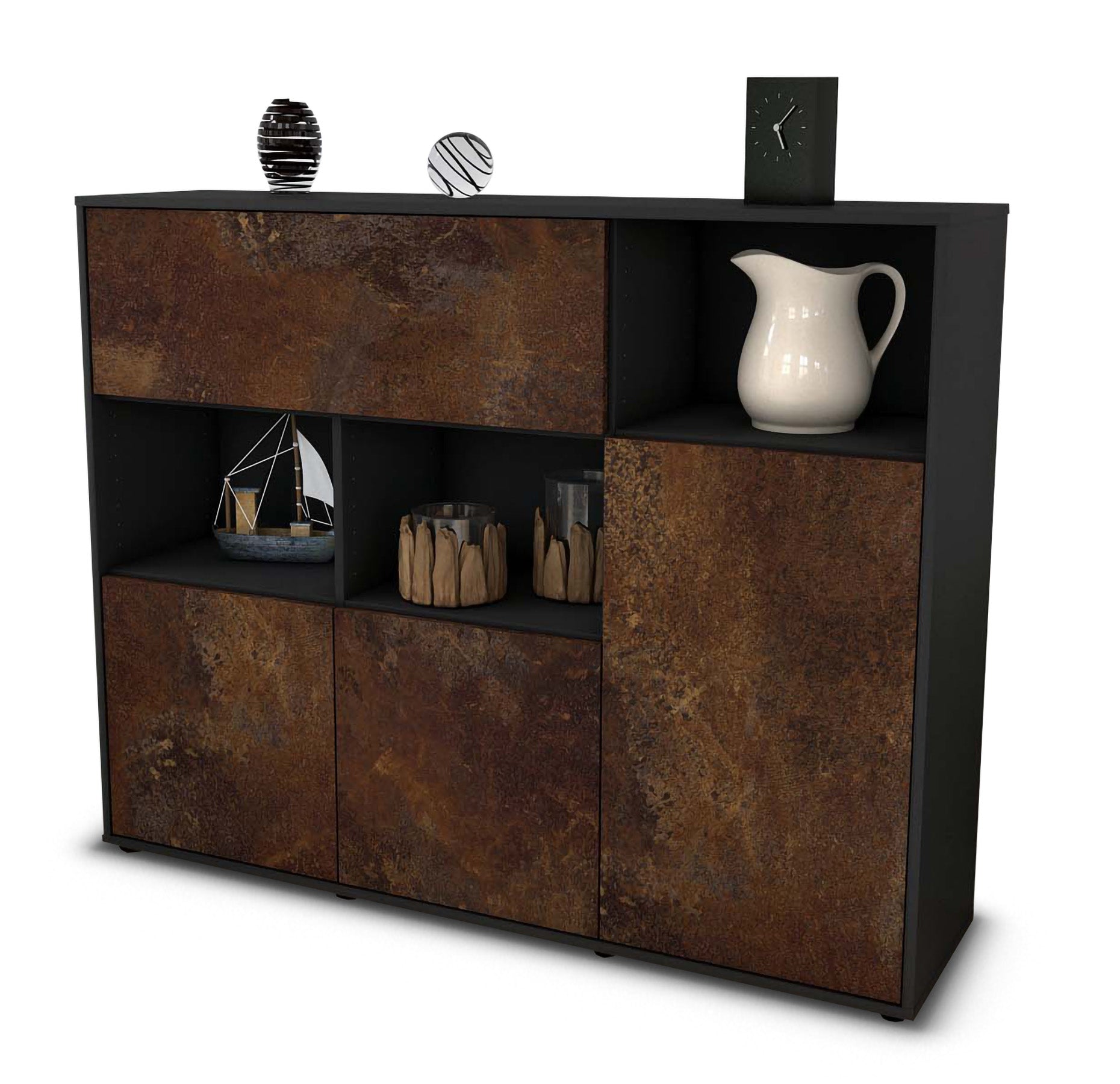 Highboard - Valenzia - Design Industrie Stil - Freistehend mit Push to Open 136 cm Anthrazit