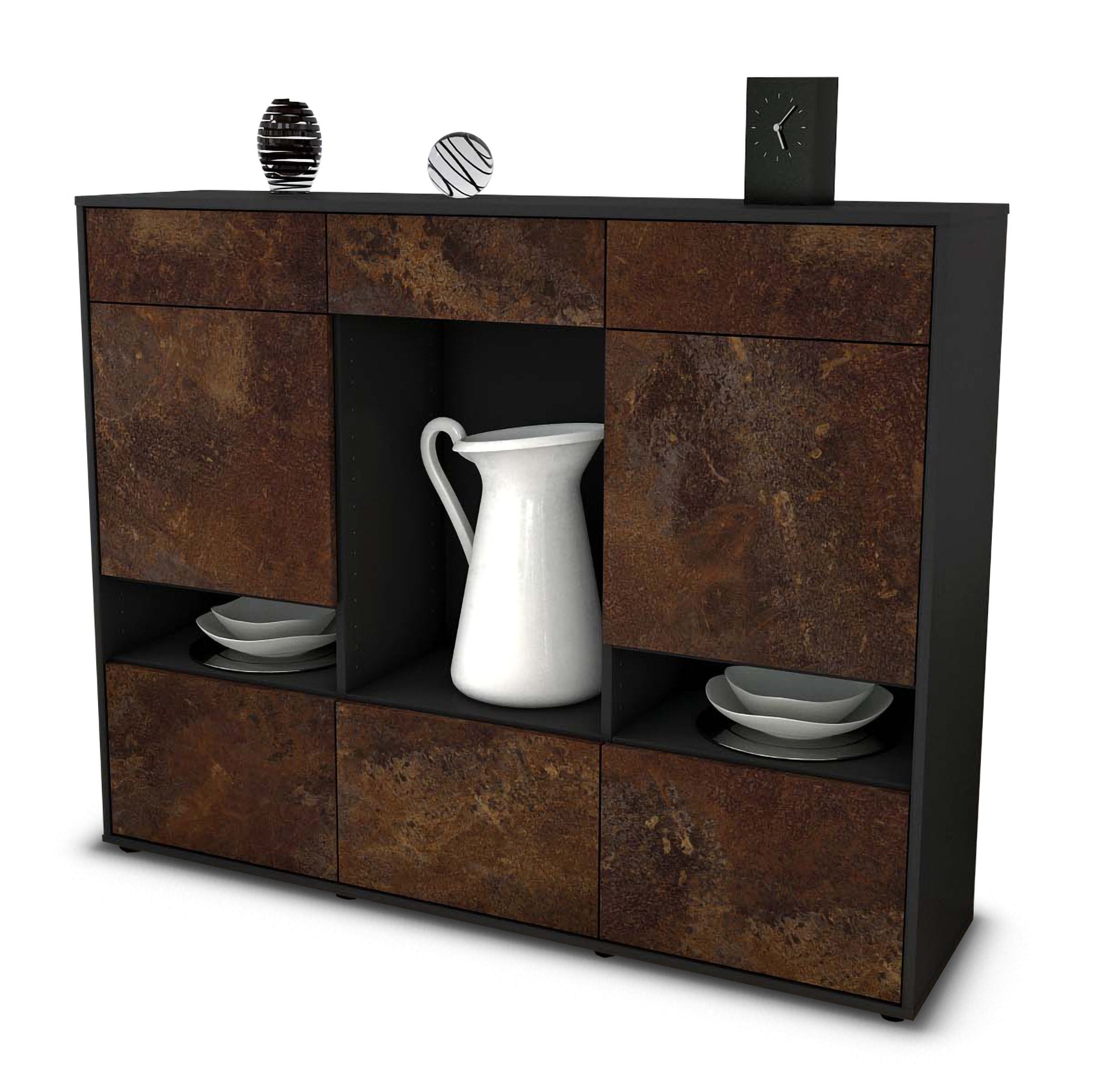 Highboard - Viola - Design Industrie Stil - Freistehend mit Push to Open 136 cm Anthrazit