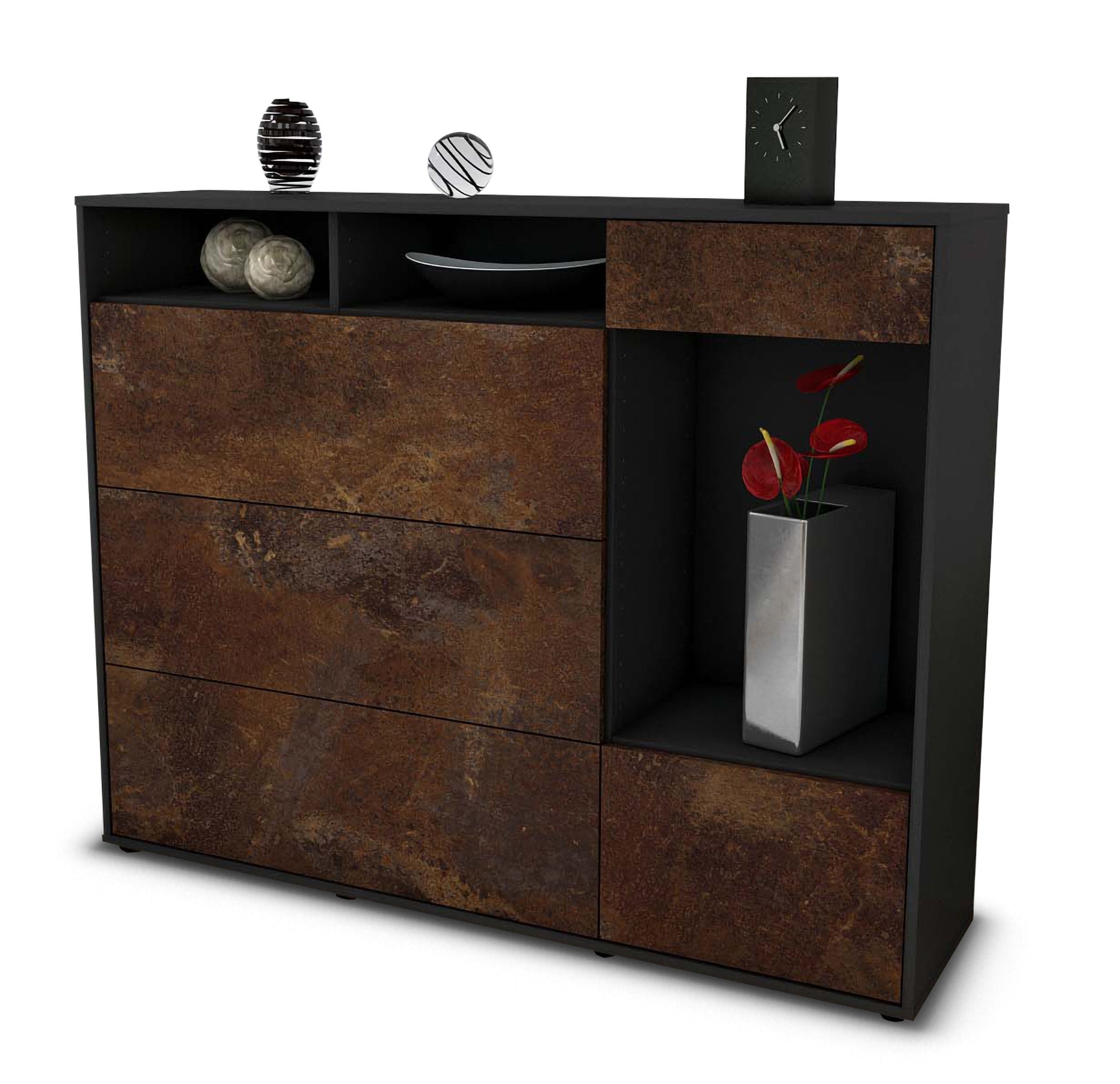 Highboard - Viona - Design Industrie Stil - Freistehend mit Push to Open 136 cm Anthrazit