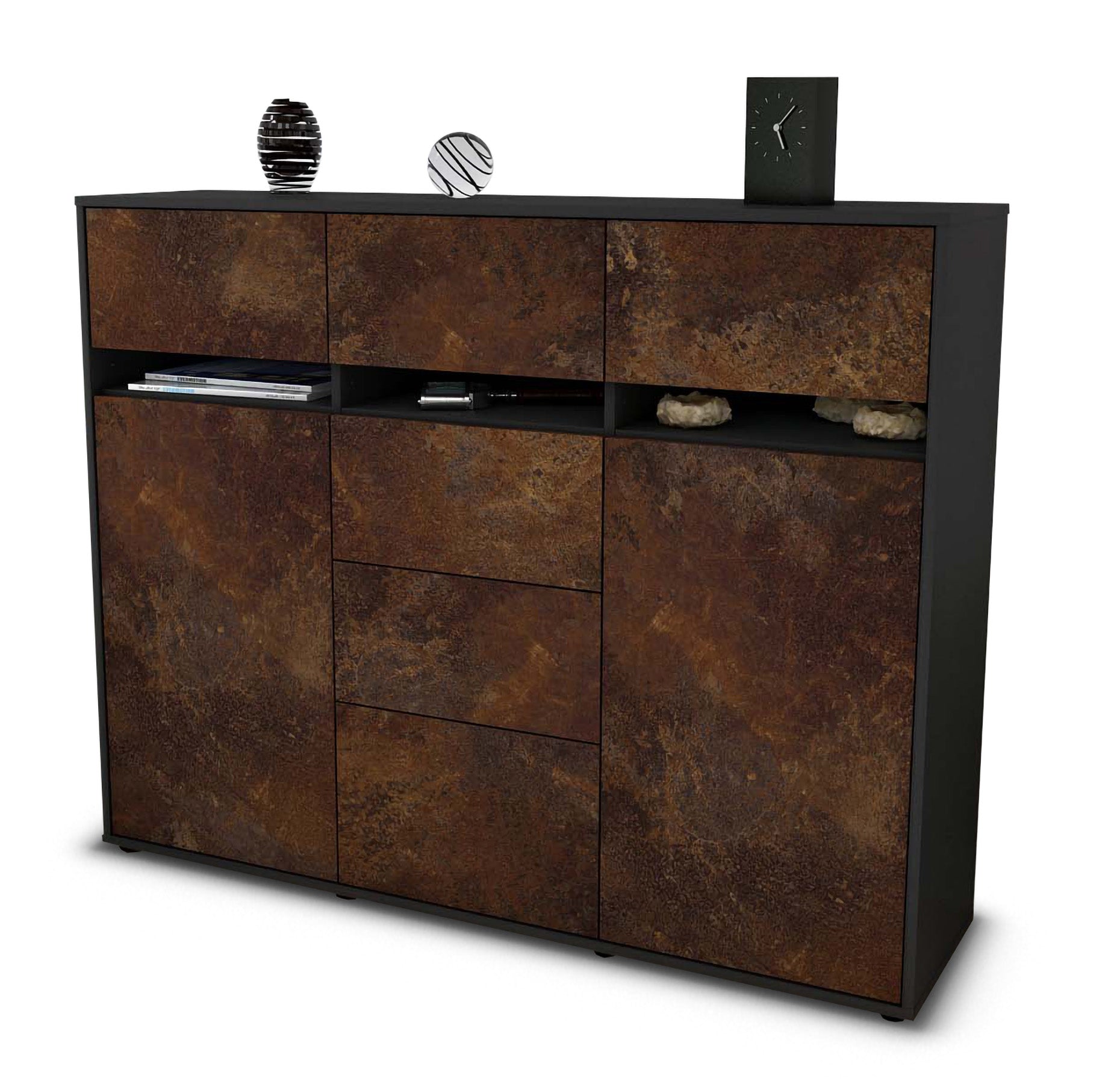 Highboard - Viviana - Design Industrie Stil - Freistehend mit Push to Open 136 cm Anthrazit