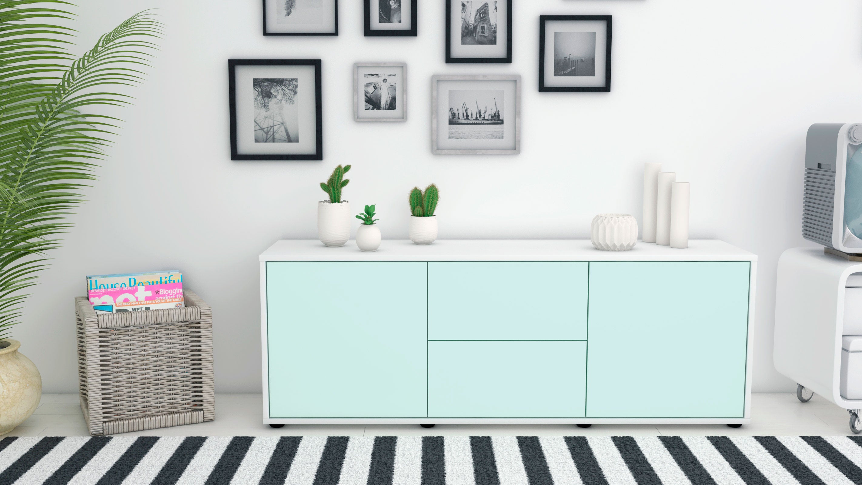 Lowboard - Alma - Design Farbakzent - Freistehend mit Push to Open 136 cm Weiss