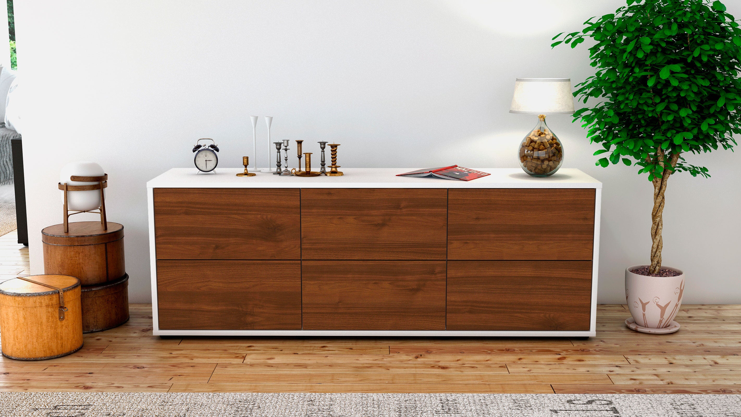 Lowboard - Alva - Design Holzdekor - Freistehend mit Push to Open 136 cm Weiss