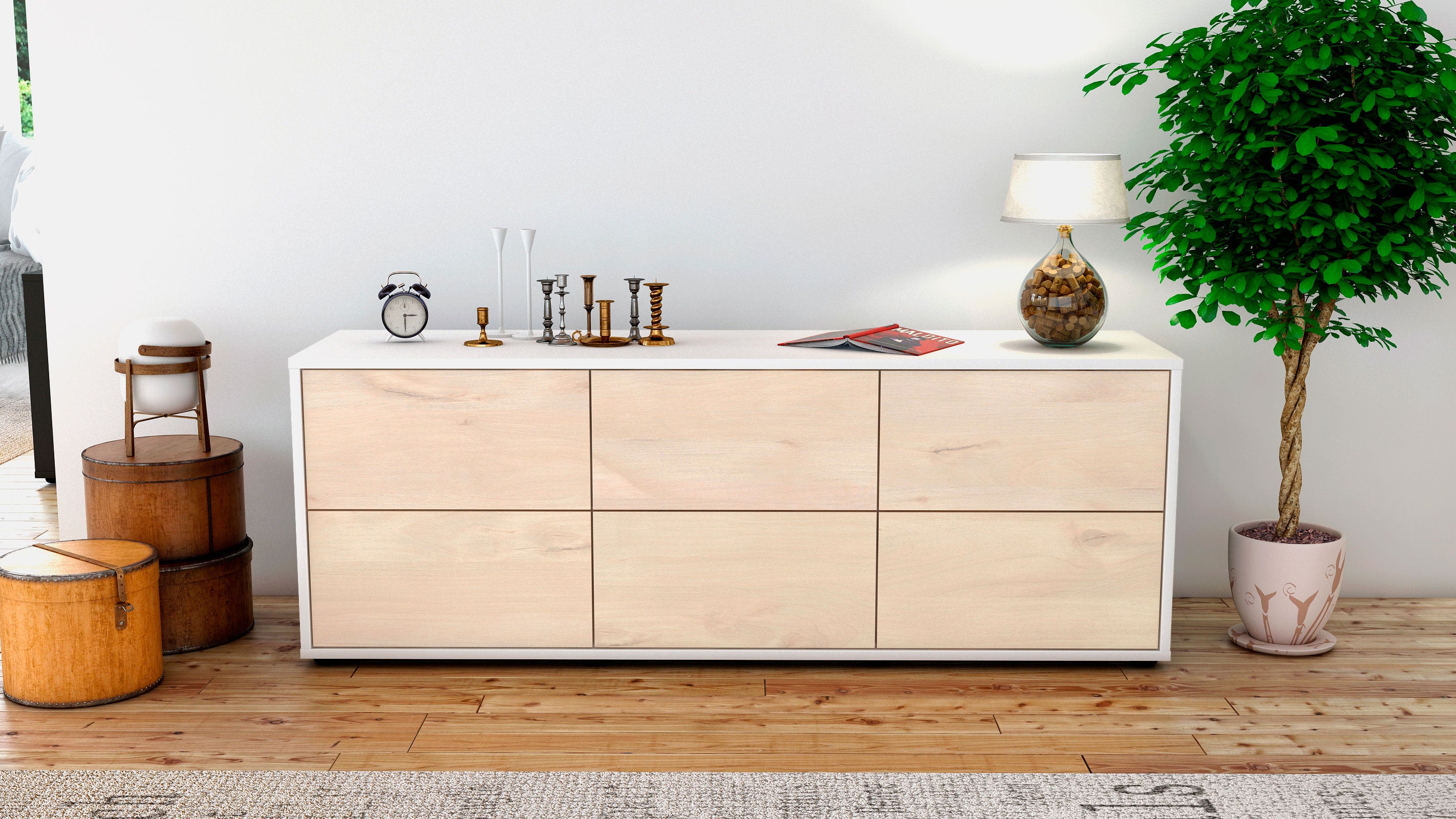 Lowboard - Alva - Design Holzdekor - Freistehend mit Push to Open 136 cm Weiss