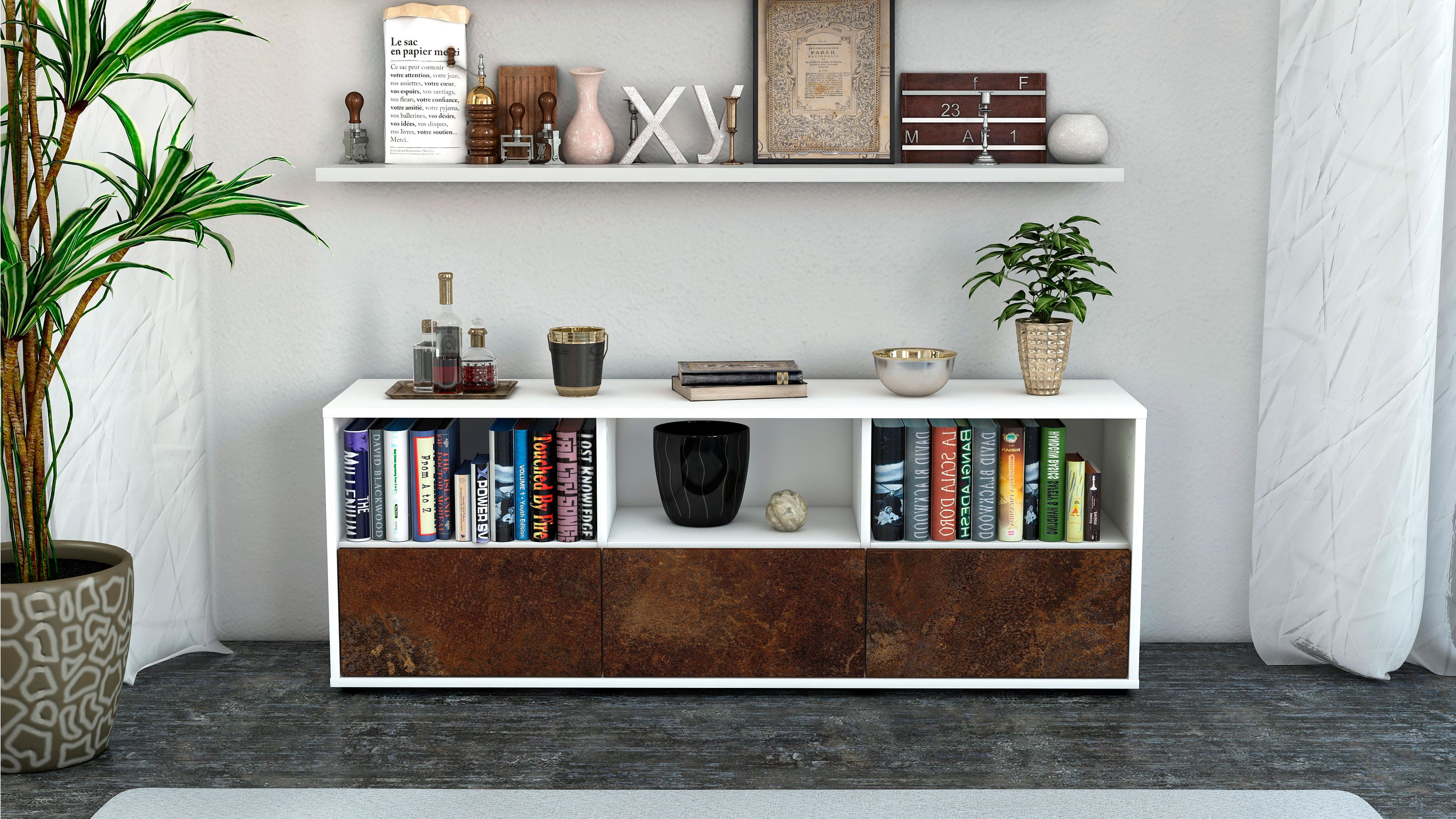 Lowboard - Amalia - Design Industrie Stil - Freistehend mit Push to Open 136 cm Weiss