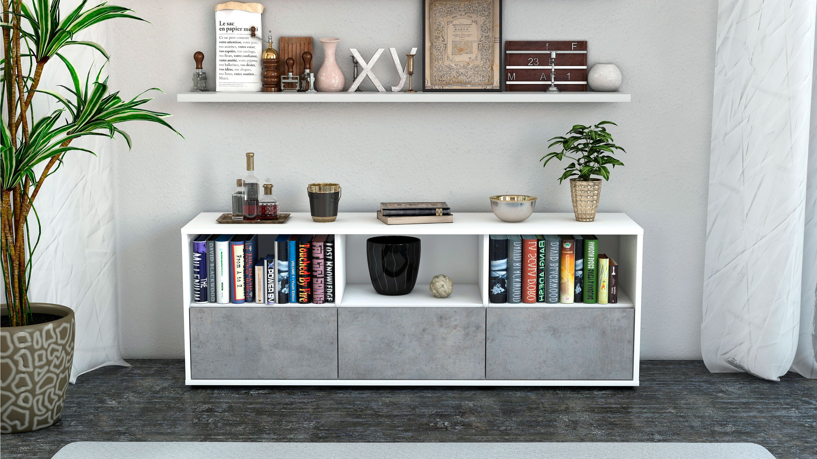 Lowboard - Amalia - Design Industrie Stil - Freistehend mit Push to Open 136 cm Weiss