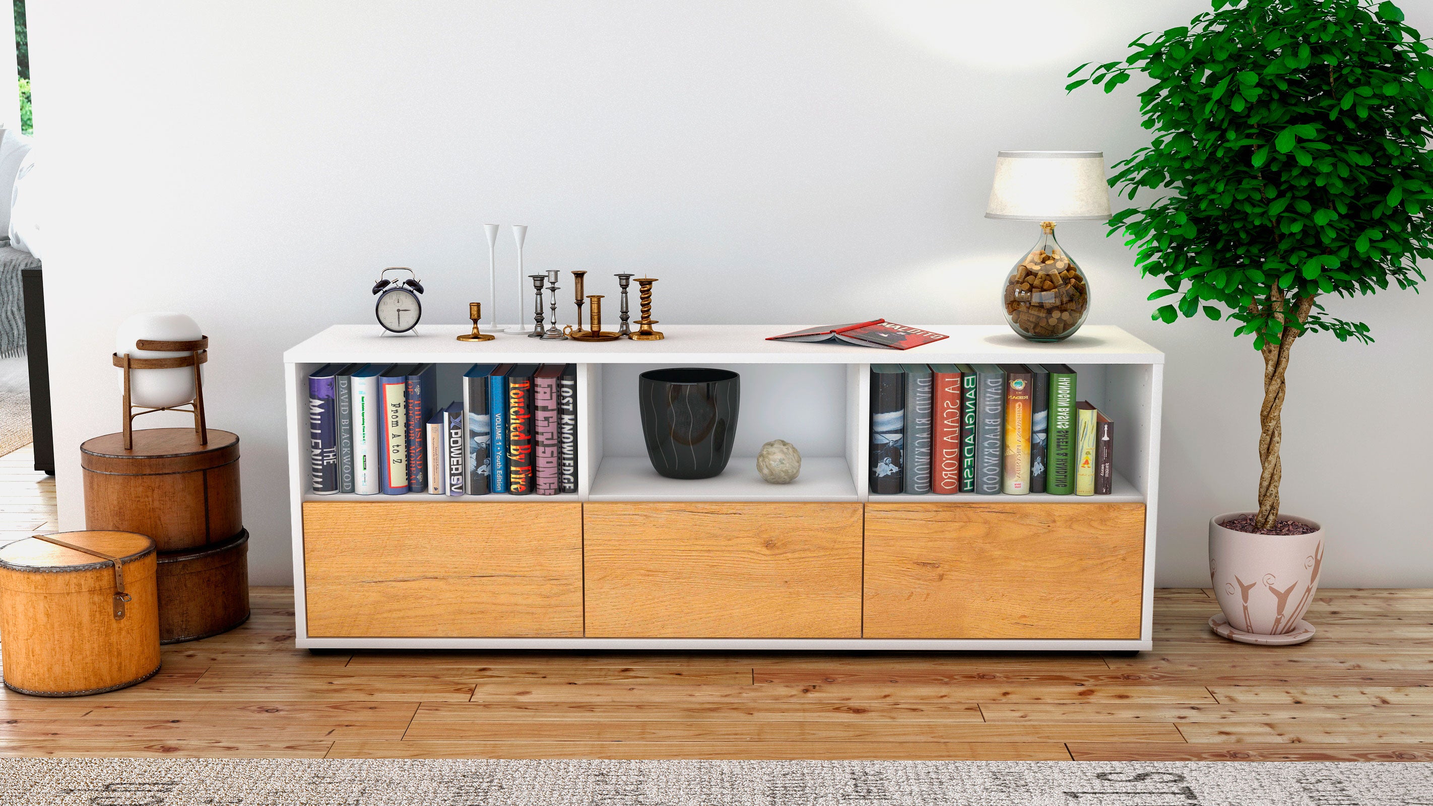 Lowboard - Amalia - Design Holzdekor - Freistehend mit Push to Open 136 cm Weiss